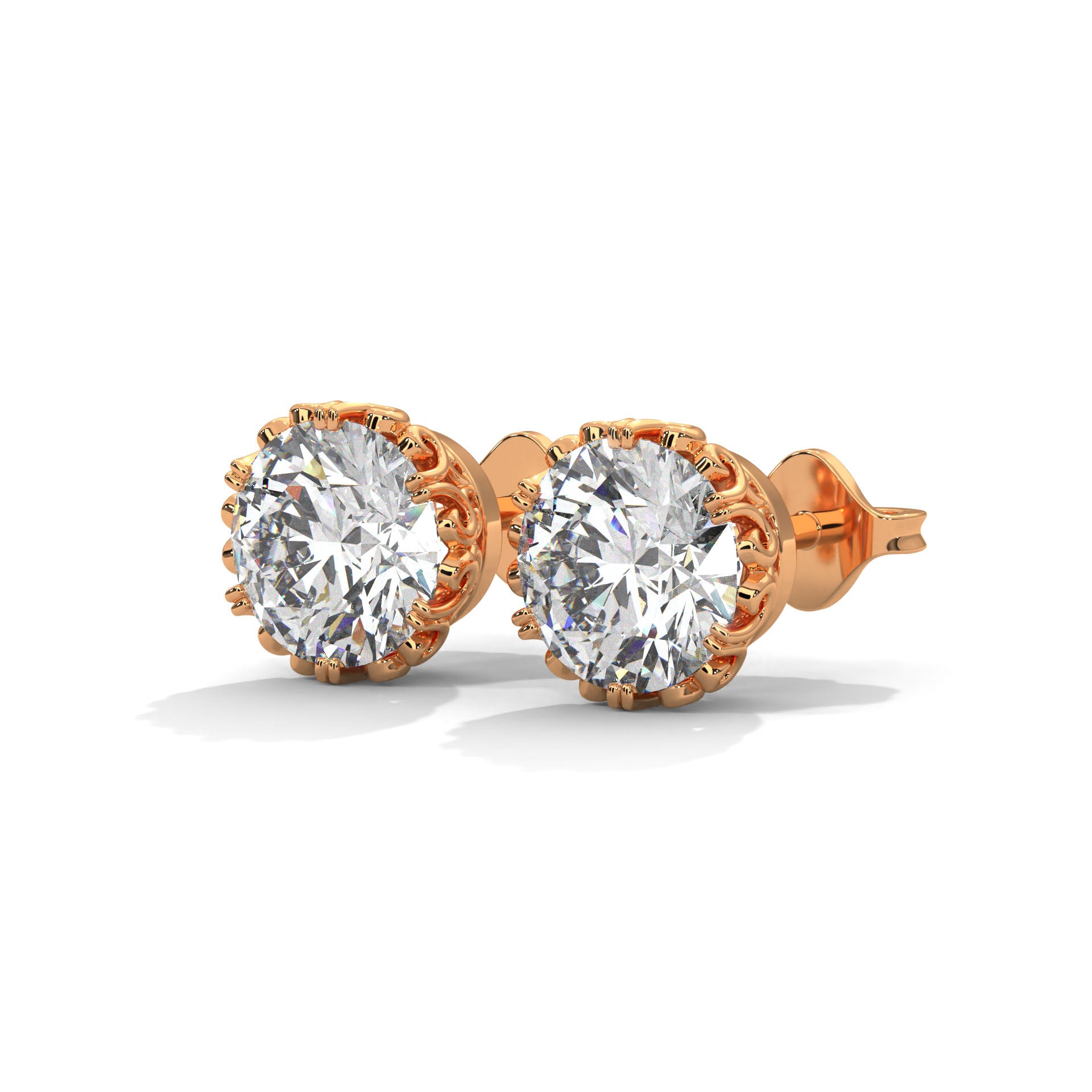 Vintage-Inspired Round Diamond Stud Earrings in 14K Gold| 2-6 CTW