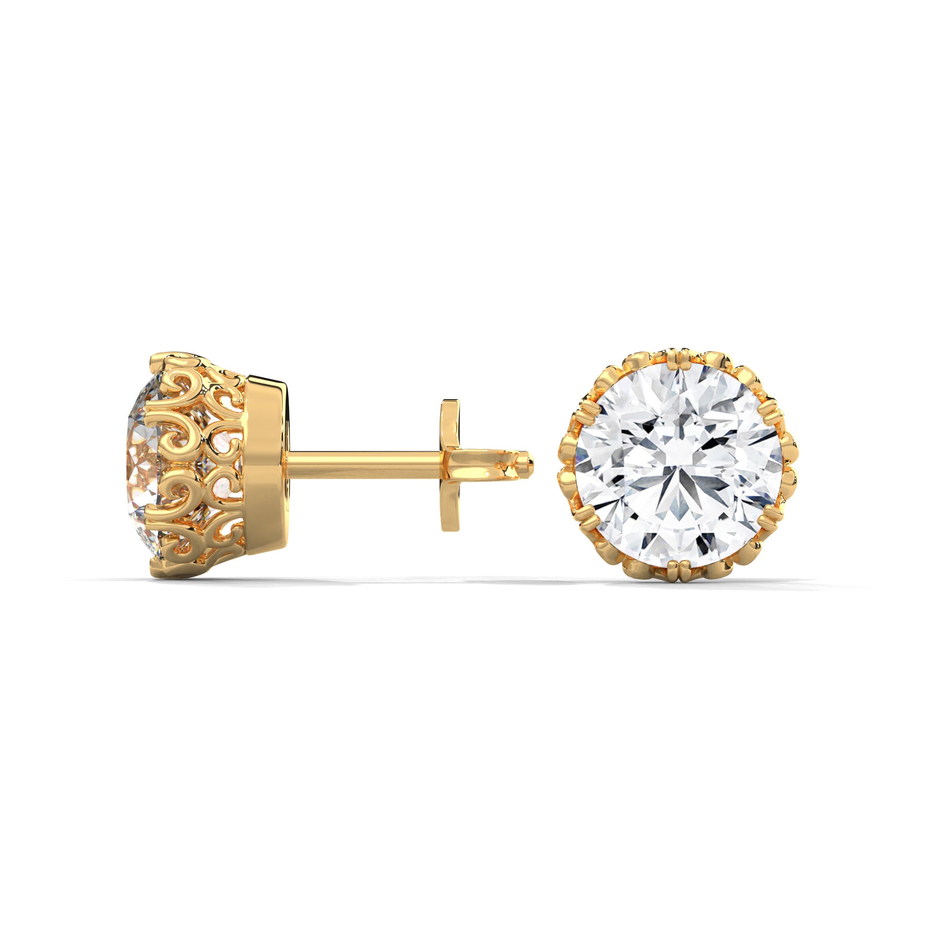 Vintage-Inspired Round Diamond Stud Earrings in 14K Gold| 2-6 CTW