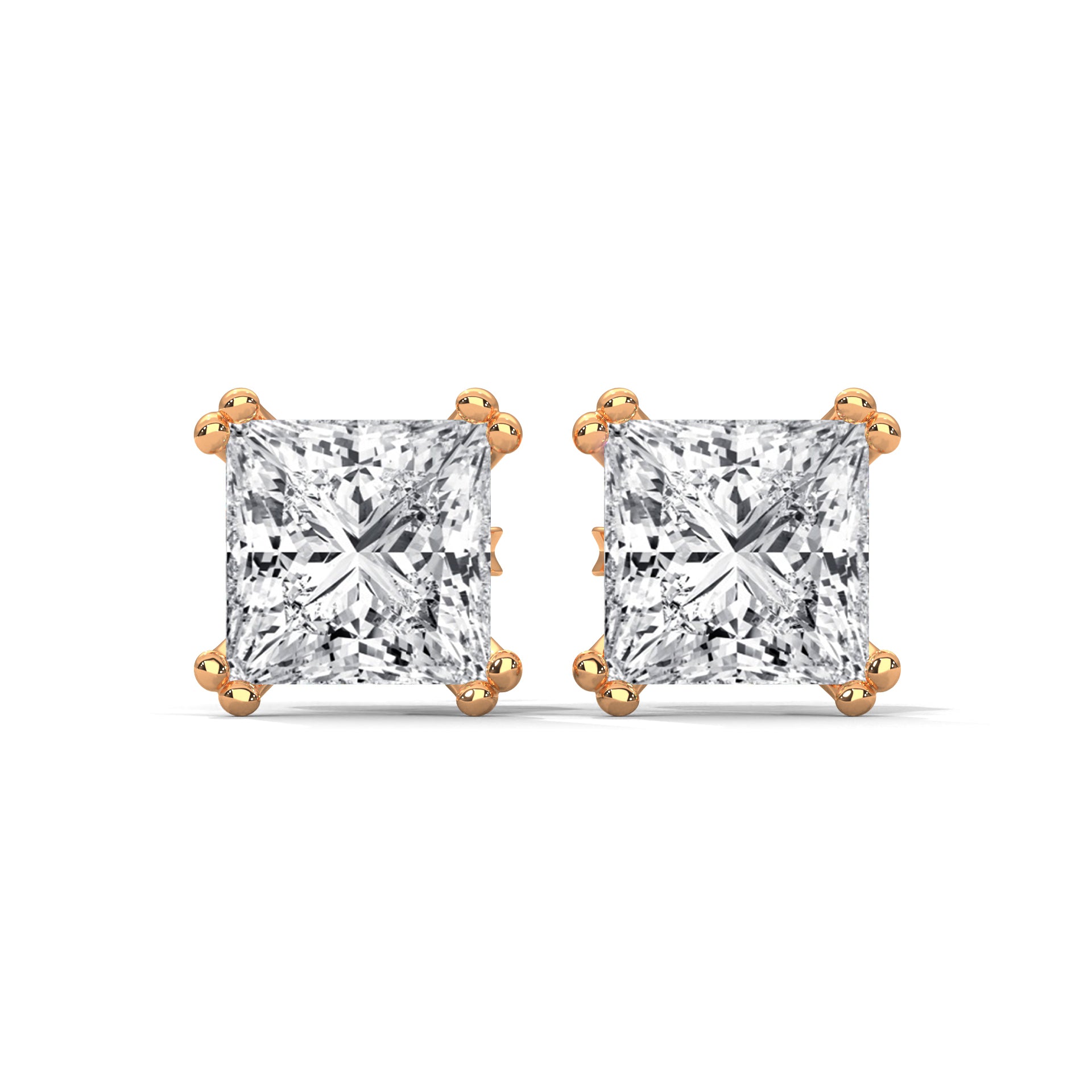 Princess Cut Solitaire Diamond 14K Gold Stud Earrings| 2-6ctw