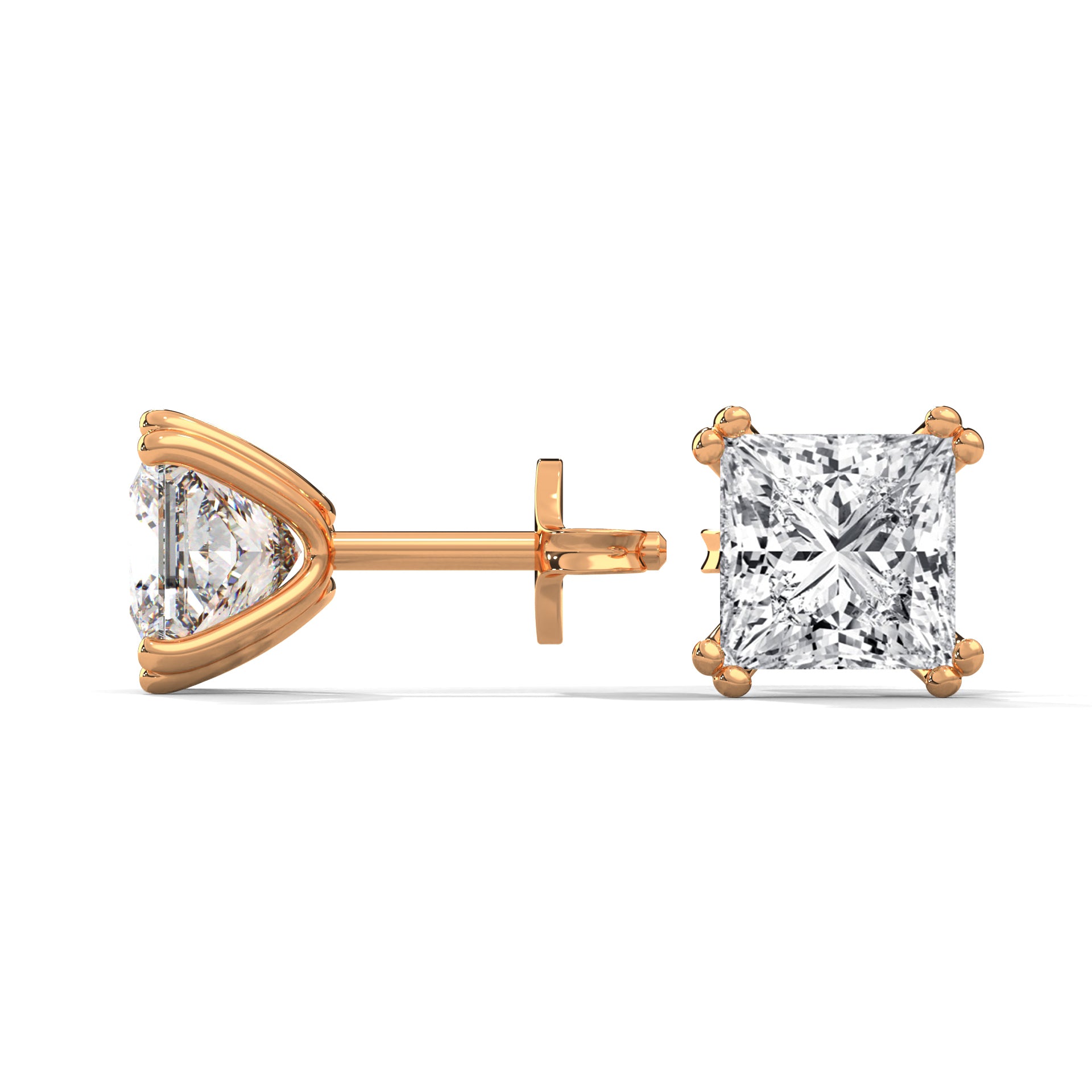 Princess Cut Solitaire Diamond 14K Gold Stud Earrings| 2-6ctw
