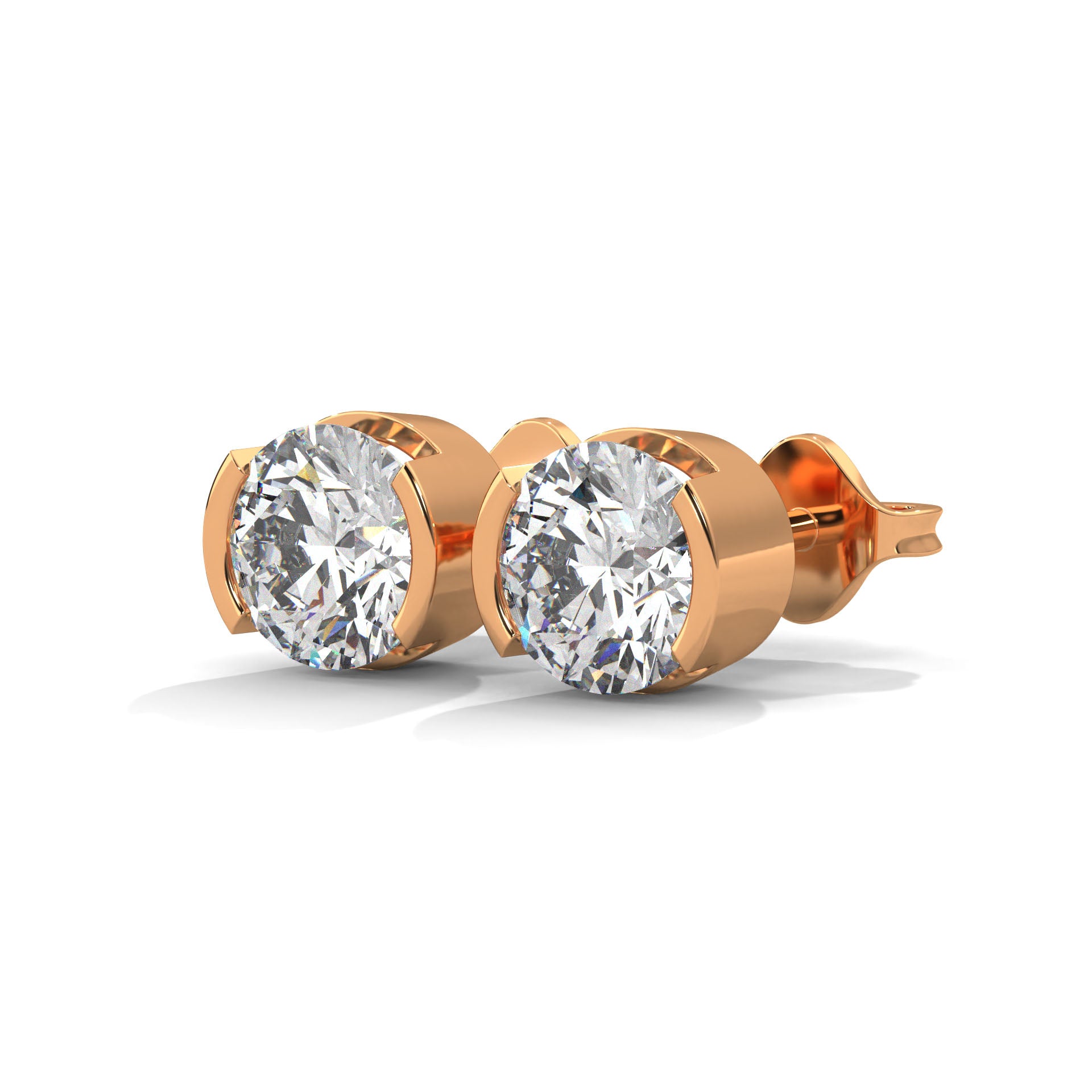 Bezel Set Round Cut Diamond 14K Gold Stud Earrings | 2-6ctw