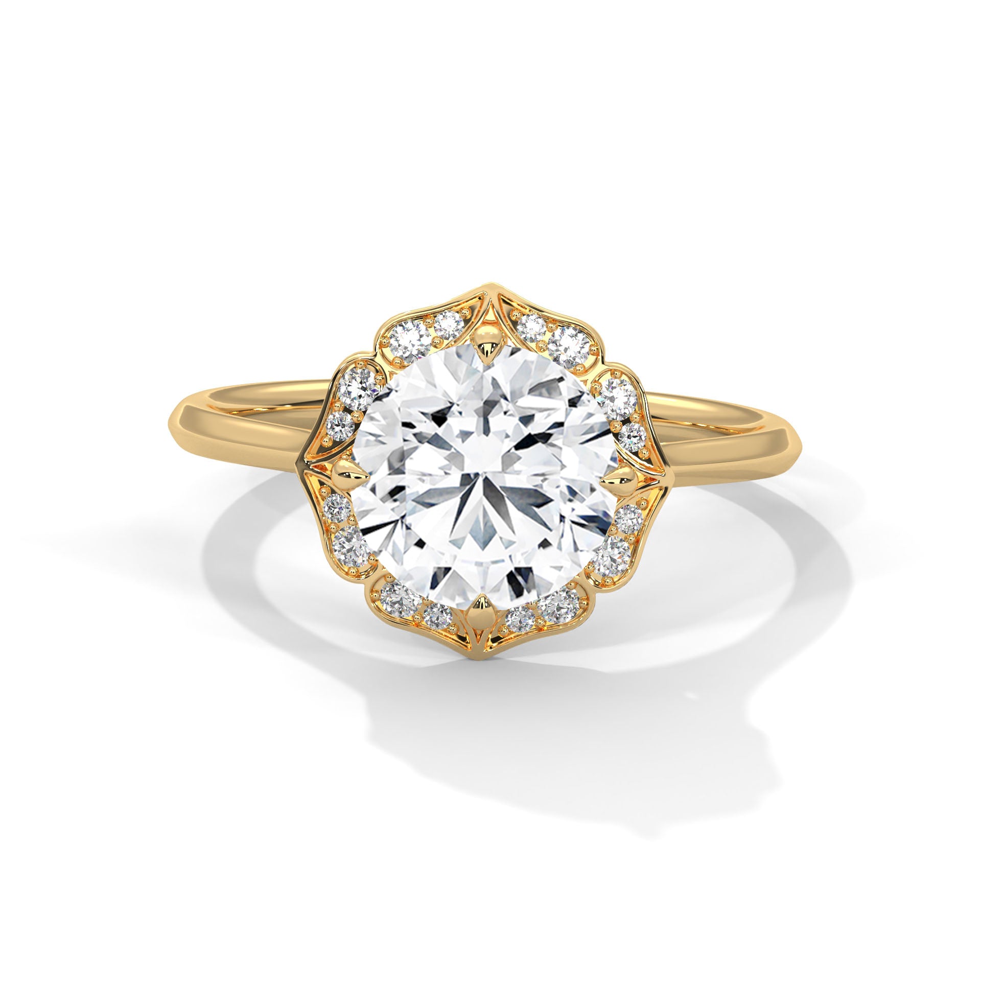 Regal Bloom 2.12 CTW Round-Cut Diamond Floral Halo Ring | E-VS1