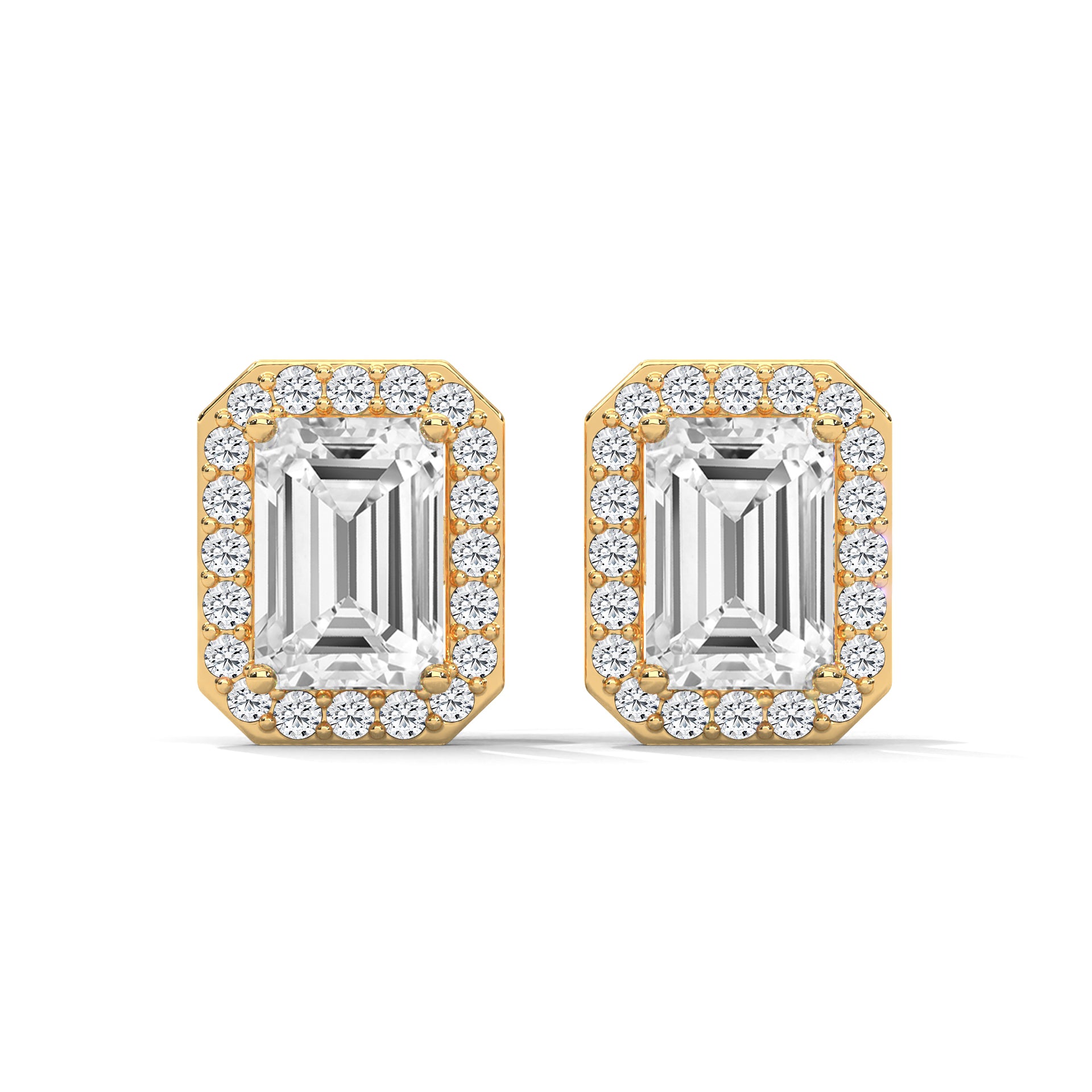 Emerald Cut Halo Diamond Stud Earrings | 14K Gold |2-6ctw | IGI Certified