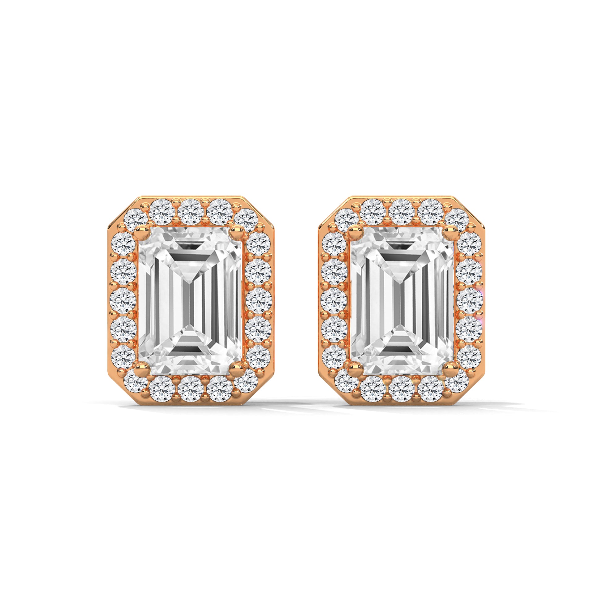 Emerald Cut Halo Diamond Stud Earrings | 14K Gold |2-6ctw | IGI Certified