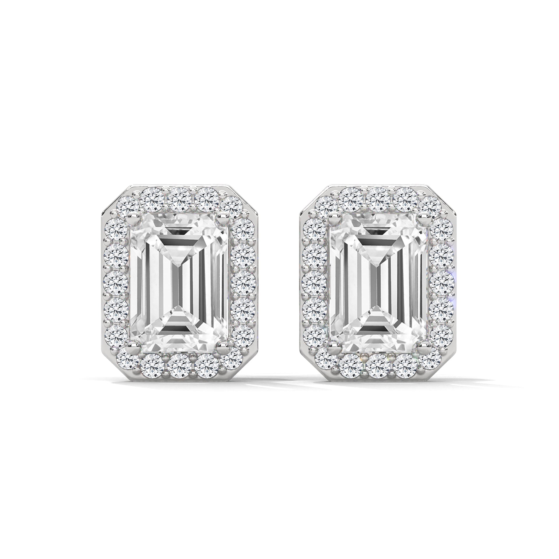Emerald Cut Halo Diamond Stud Earrings | 14K Gold |2-6ctw | IGI Certified