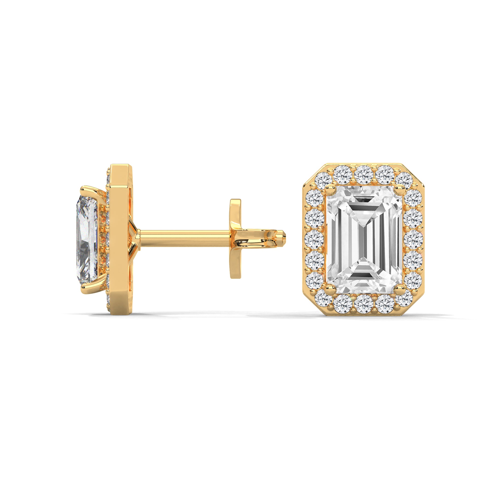 Emerald Cut Halo Diamond Stud Earrings | 14K Gold |2-6ctw | IGI Certified