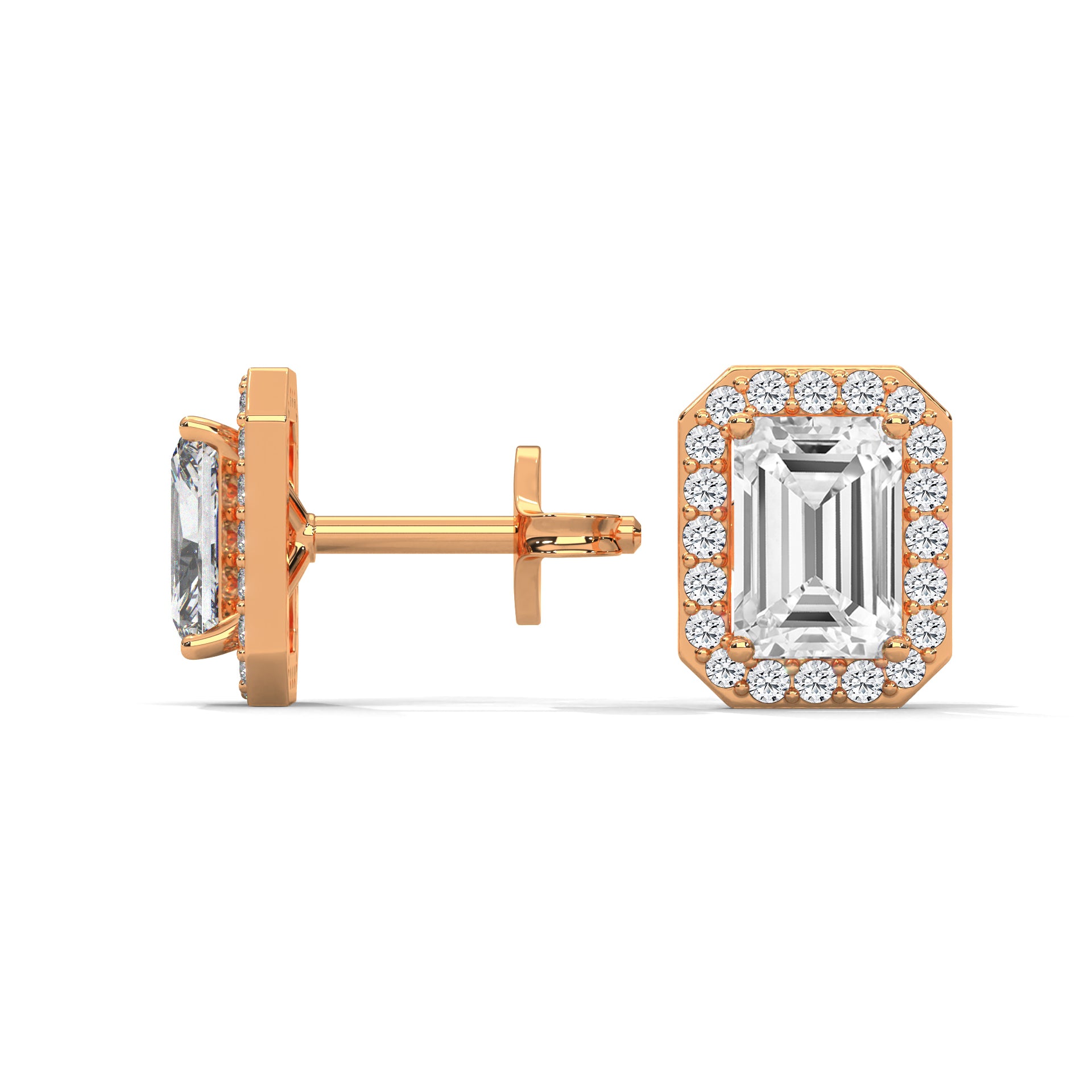 Emerald Cut Halo Diamond Stud Earrings | 14K Gold |2-6ctw | IGI Certified