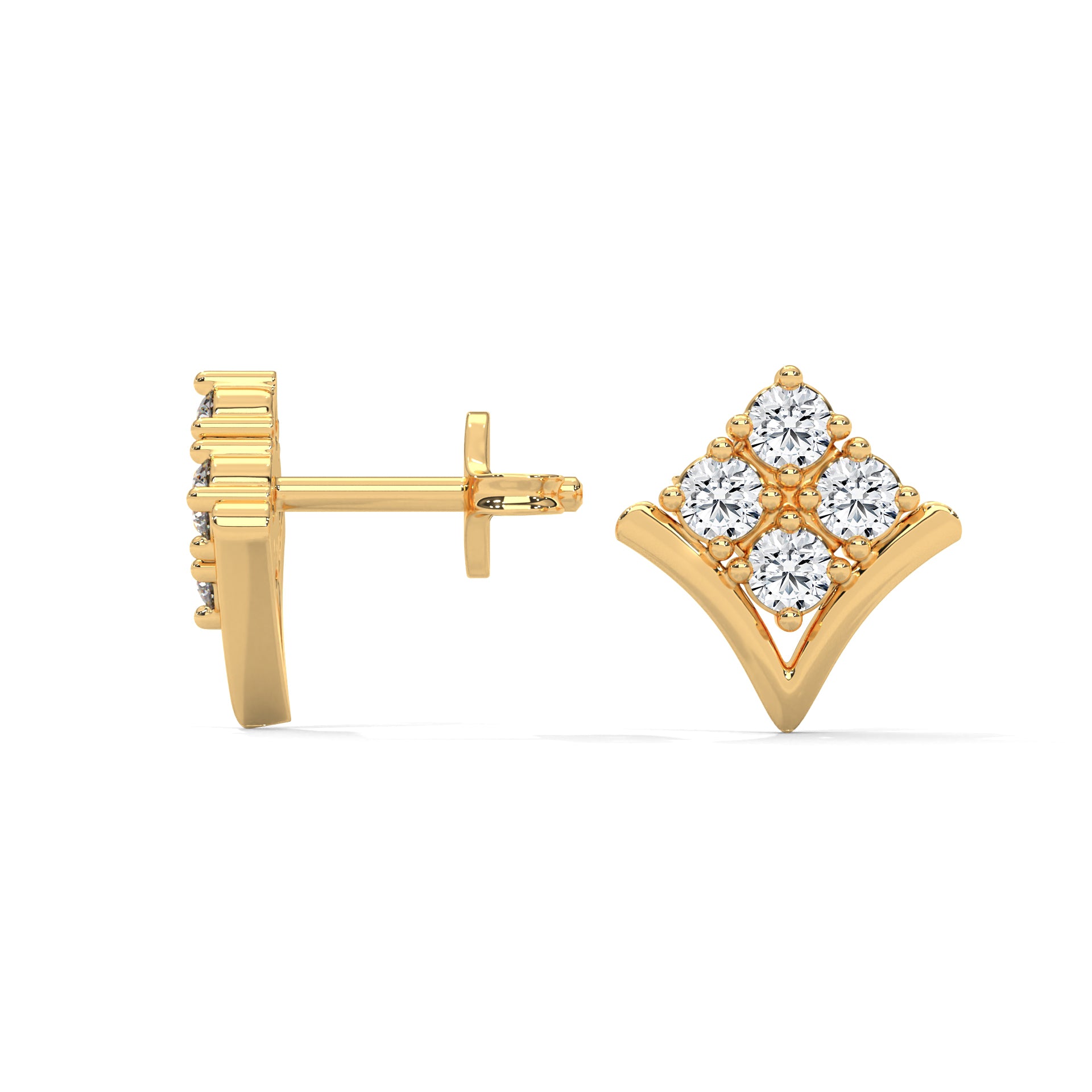 Diamond Cluster Chevron Stud Earrings | 14K and 18K Gold | Push-Back | 0.23 CTW