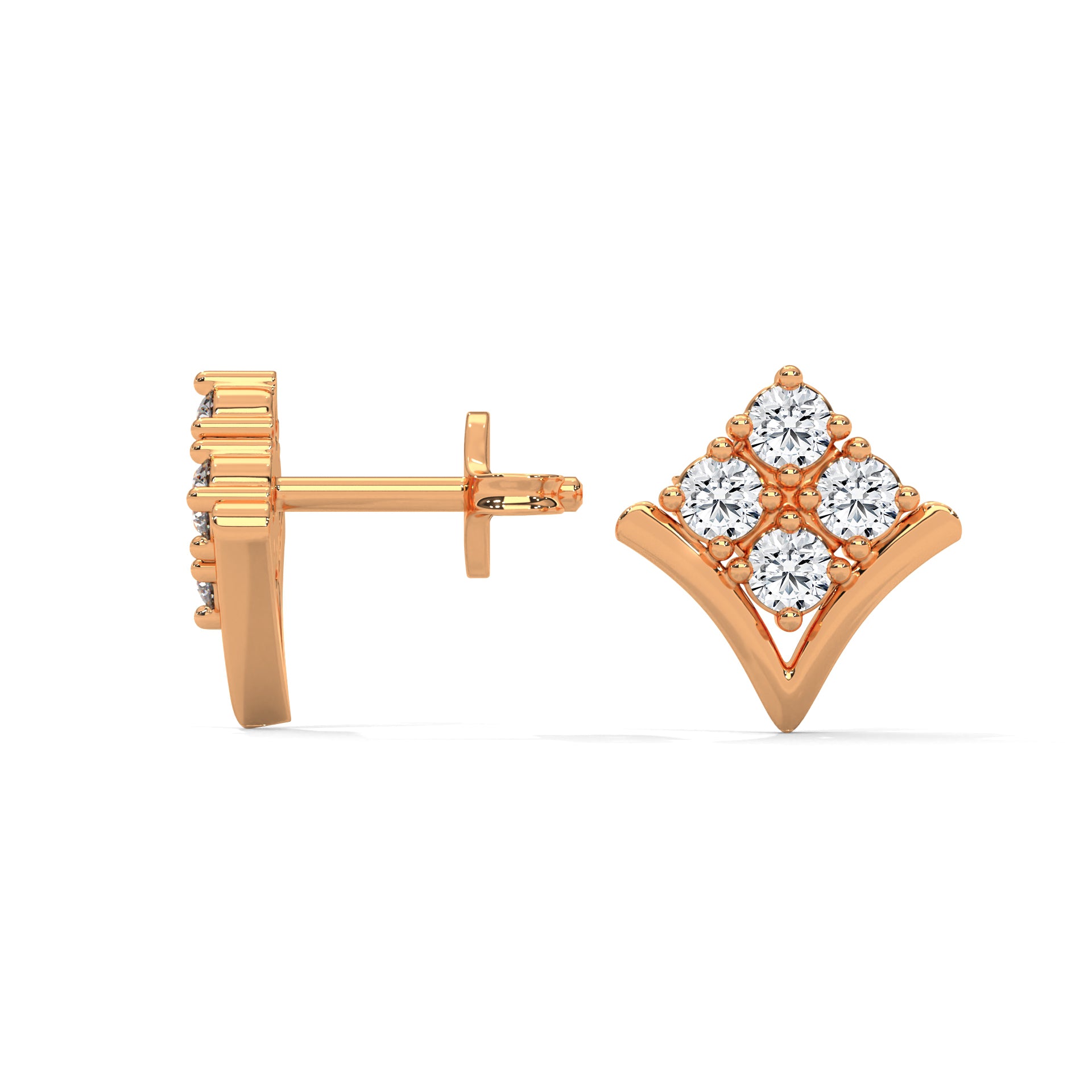 Diamond Cluster Chevron Stud Earrings | 14K and 18K Gold | Push-Back | 0.23 CTW