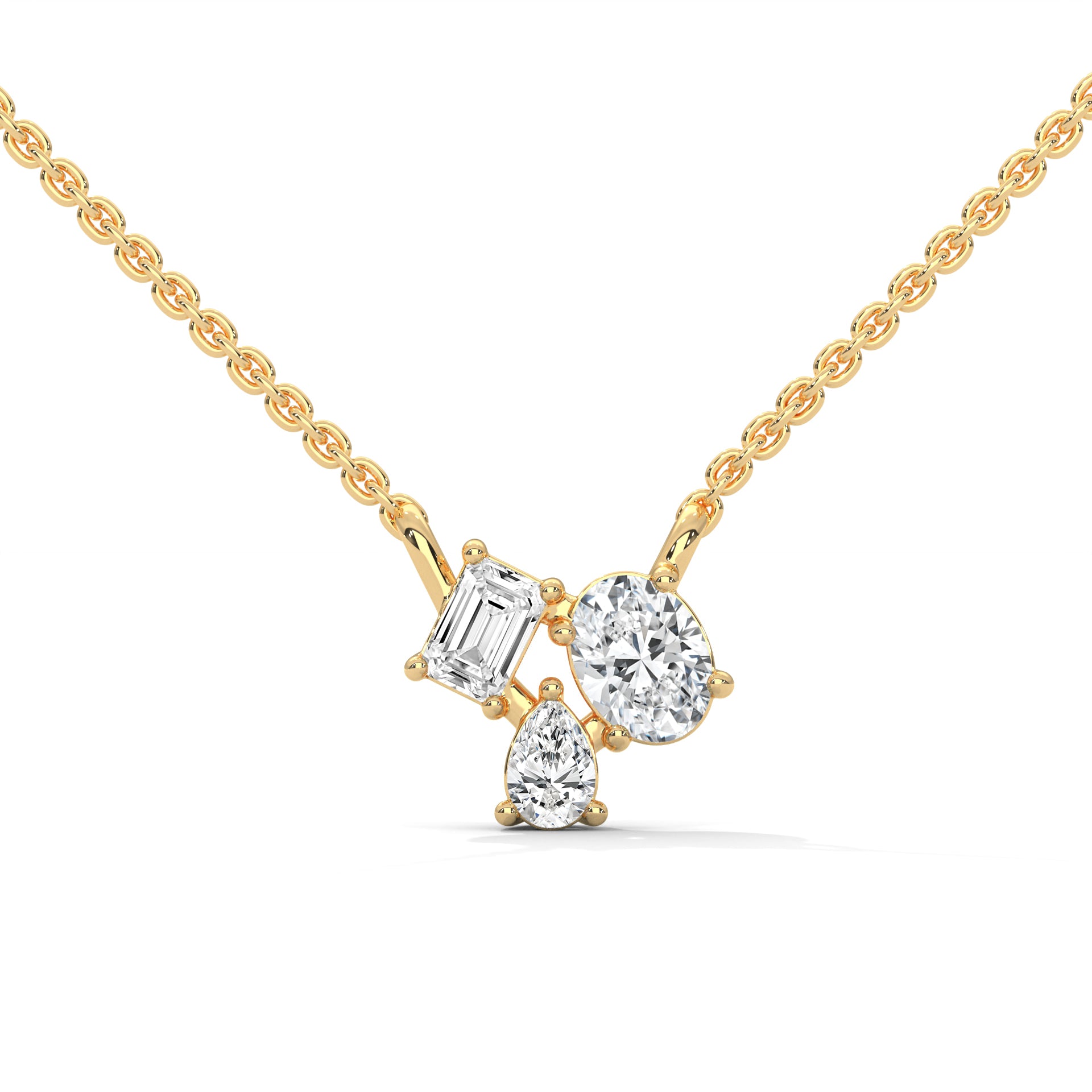 Heavenly Cascade: 14K Gold Three-Stone Diamond Pendant Necklace | 0.38 CTW