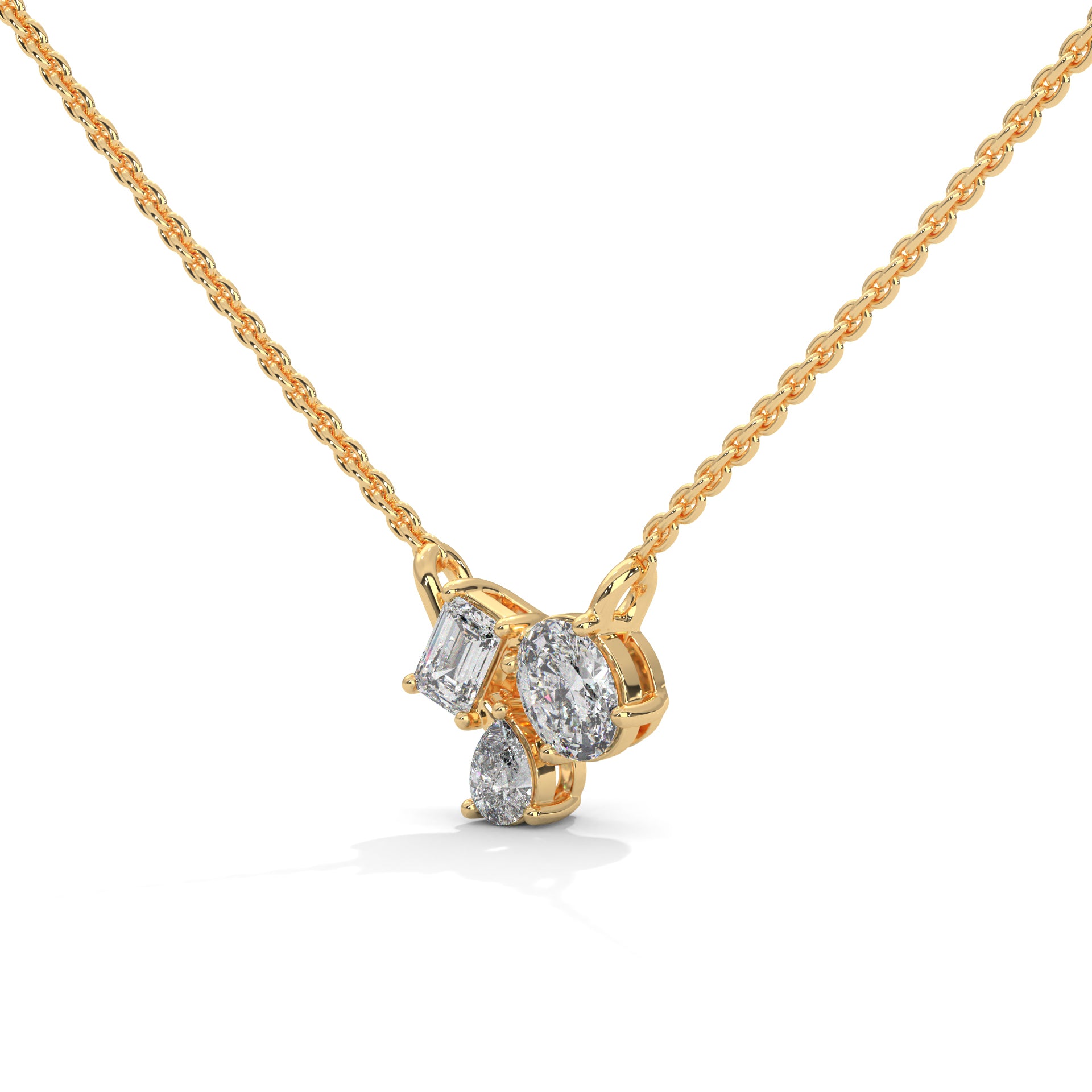 Heavenly Cascade: 14K Gold Three-Stone Diamond Pendant Necklace | 0.38 CTW