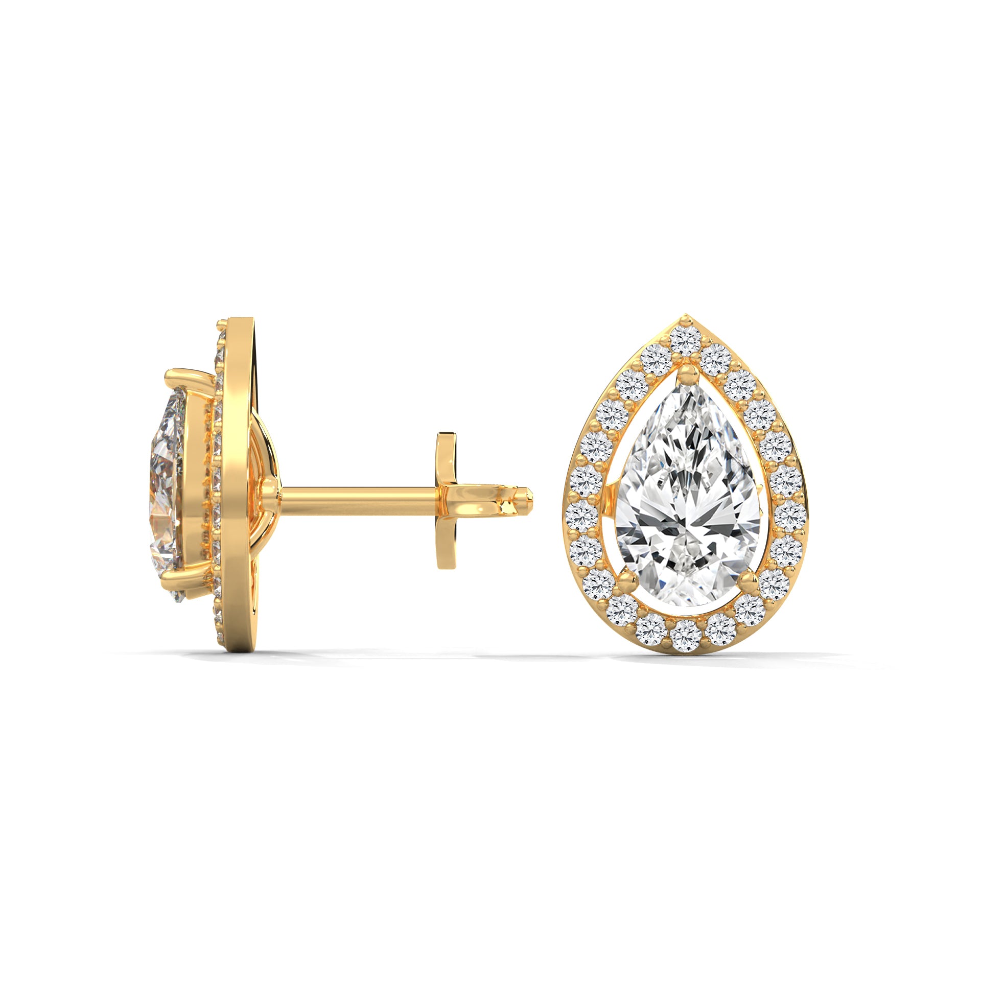 Pear Cut Halo Diamond Stud Earrings | 14K Gold | 2-6 CTW