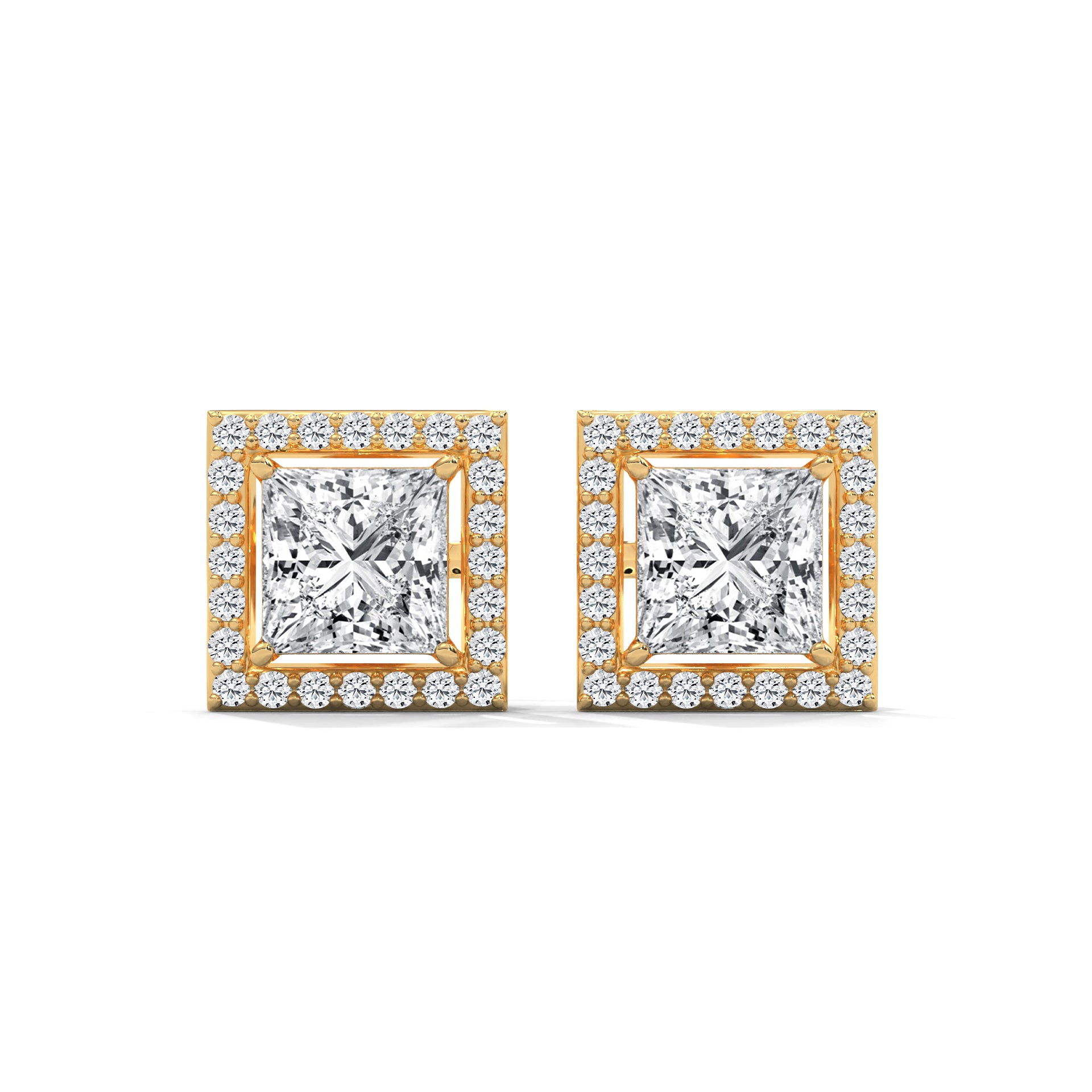 Princess Cut Halo Diamond Stud Earrings | 14K Gold | 2-6 CTW