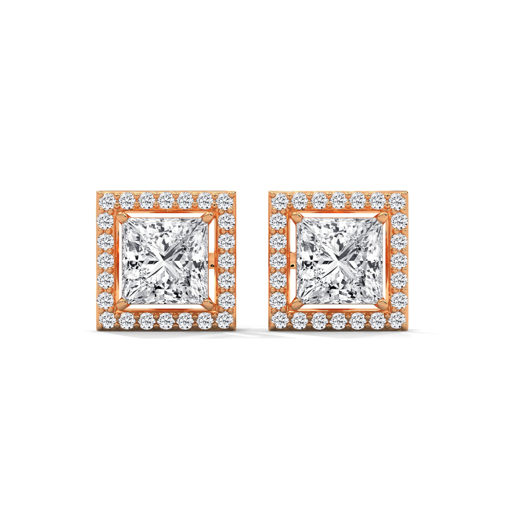 Princess Cut Halo Diamond Stud Earrings | 14K Gold | 2-6 CTW