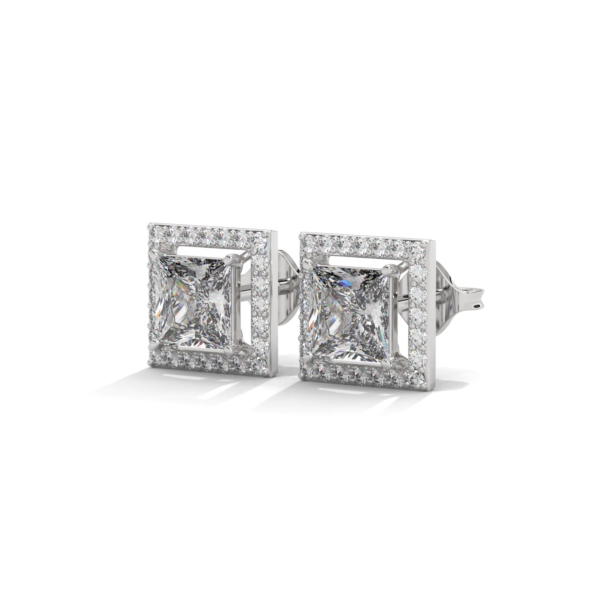 Princess Cut Halo Diamond Stud Earrings | 14K Gold | 2-6 CTW