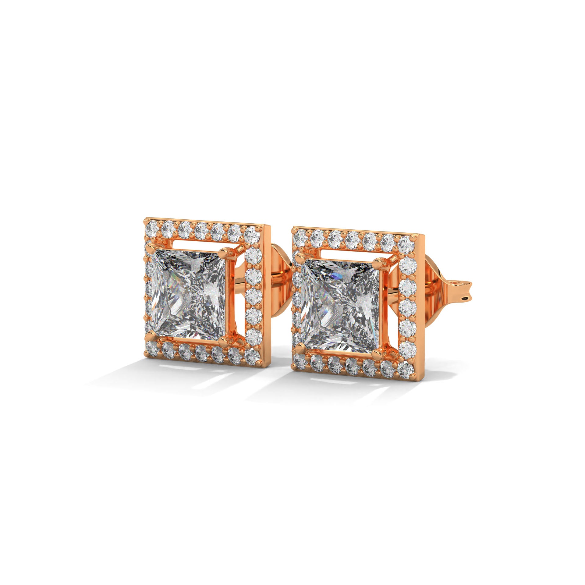 Princess Cut Halo Diamond Stud Earrings | 14K Gold | 2-6 CTW