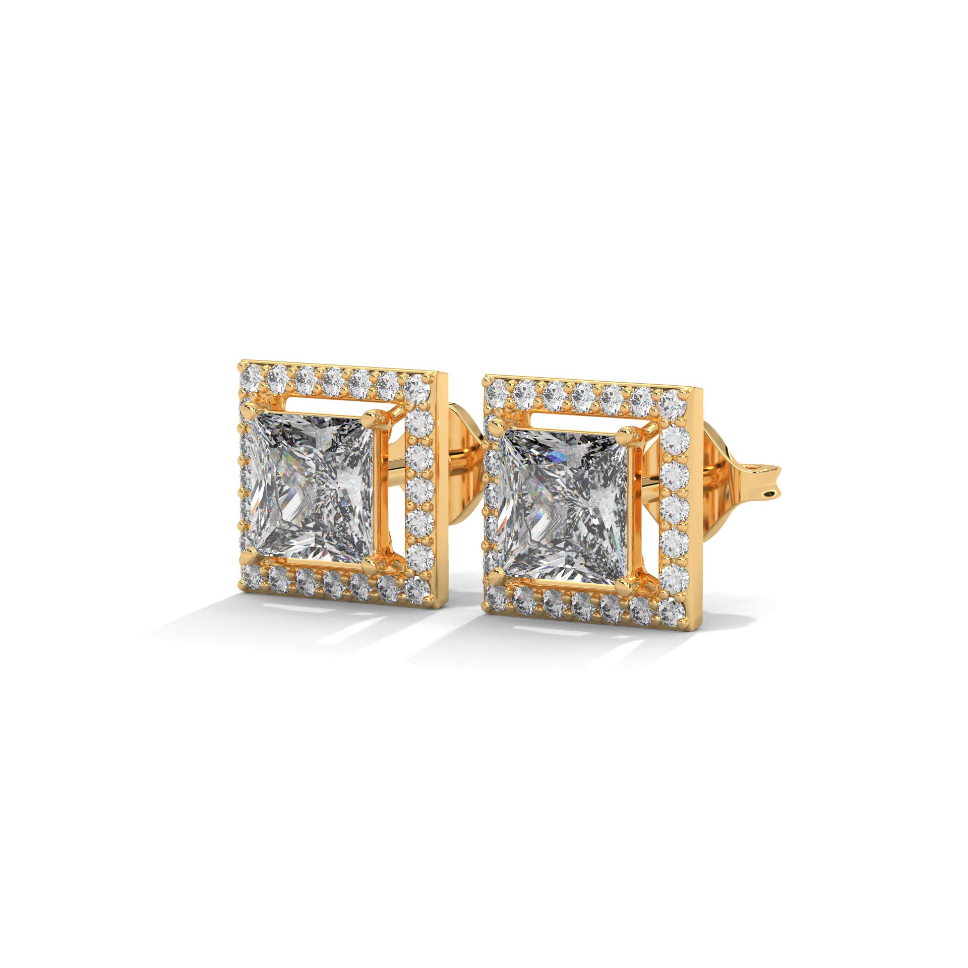 Princess Cut Halo Diamond Stud Earrings | 14K Gold | 2-6 CTW