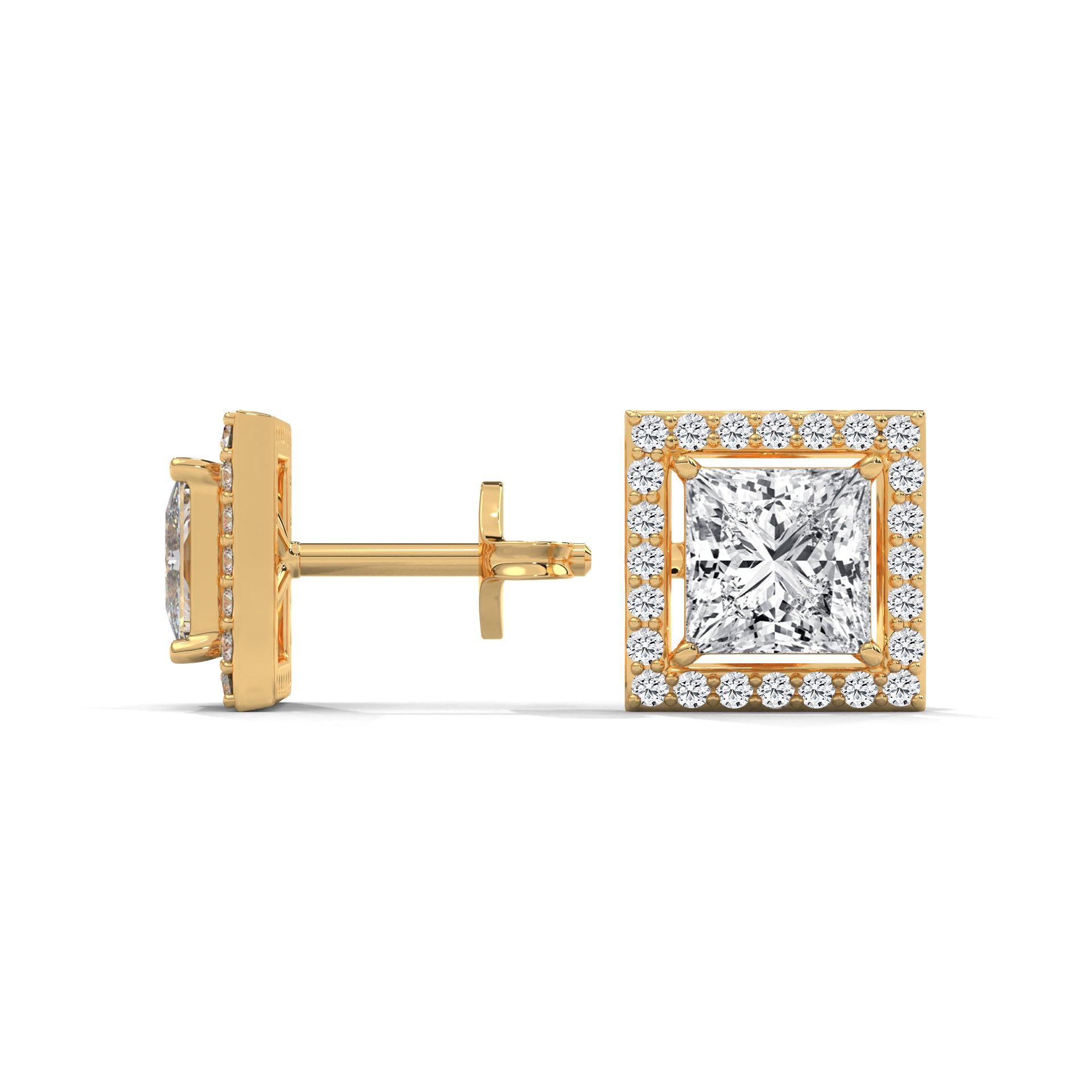 Princess Cut Halo Diamond Stud Earrings | 14K Gold | 2-6 CTW