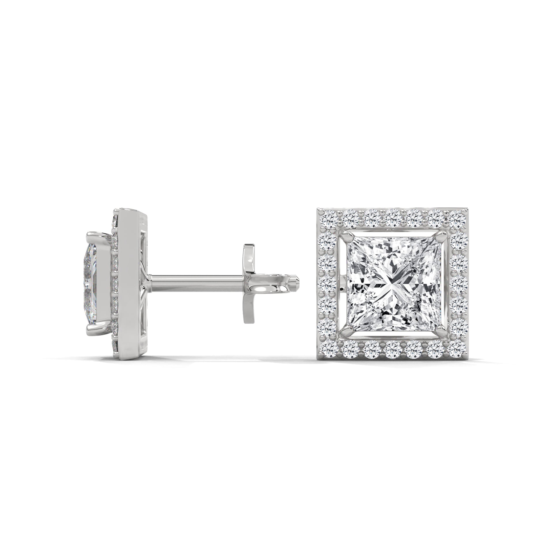 Princess Cut Halo Diamond Stud Earrings | 14K Gold | 2-6 CTW