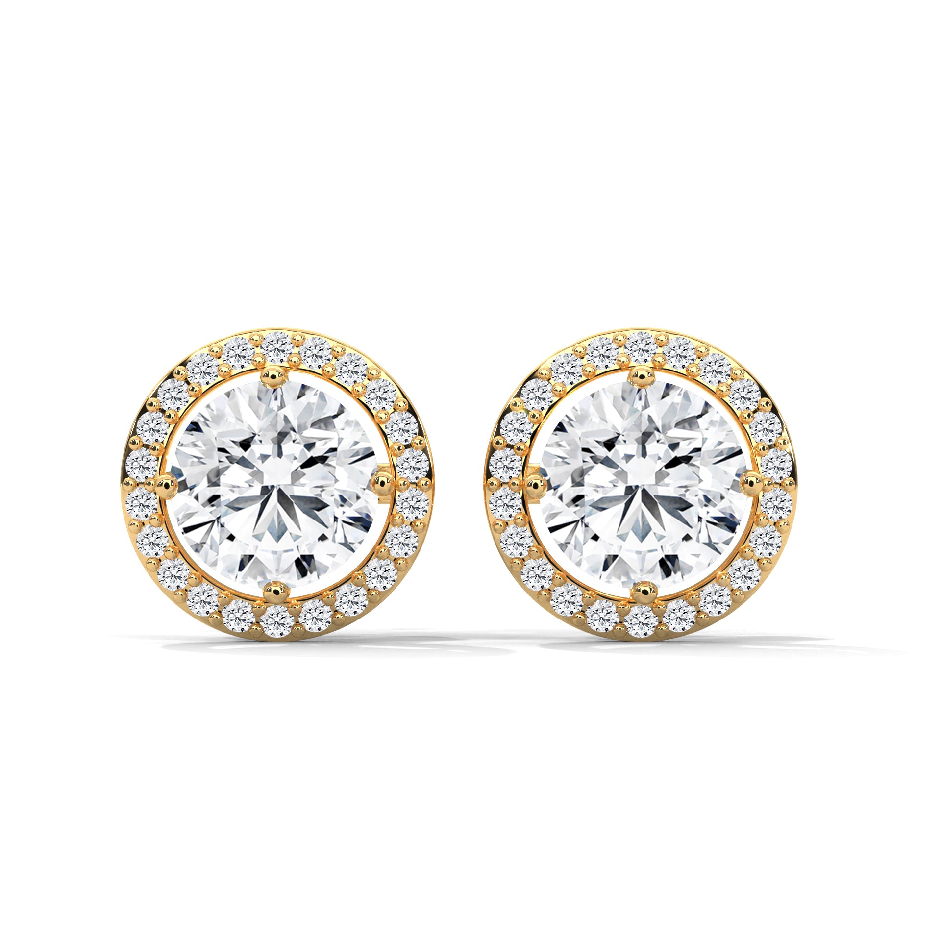 Round Cut Double Halo Diamond Stud Earrings | 14K Gold
