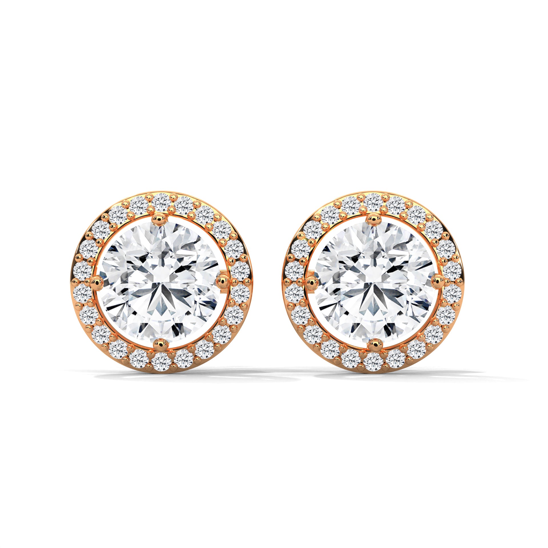 Round Cut Double Halo Diamond Stud Earrings | 14K Gold