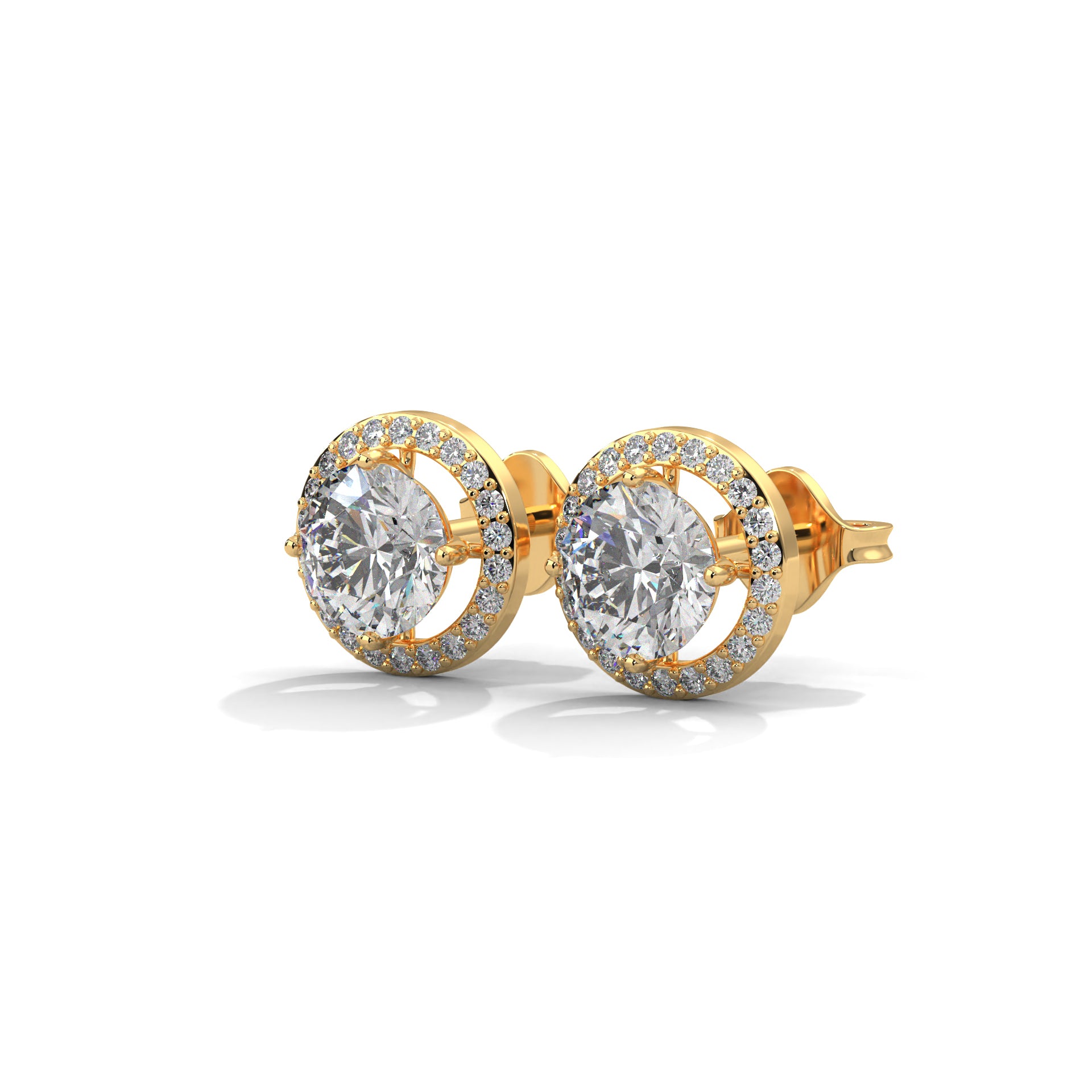 Round Cut Double Halo Diamond Stud Earrings | 14K Gold