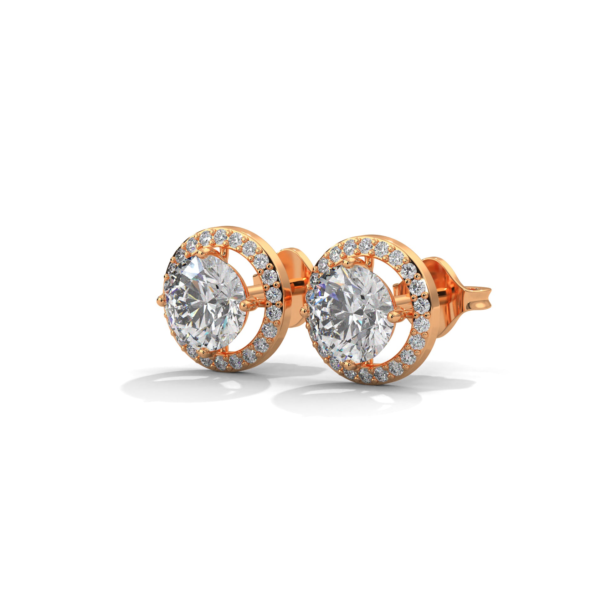 Round Cut Double Halo Diamond Stud Earrings | 14K Gold