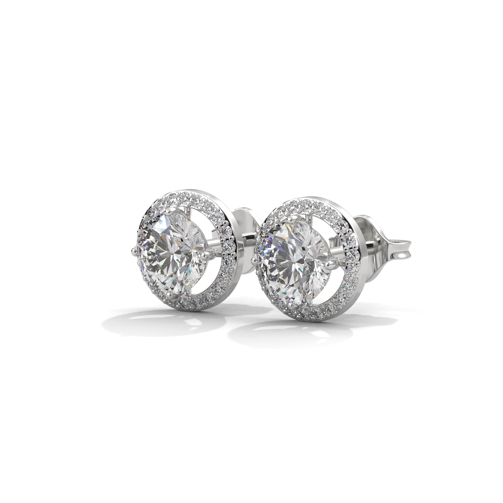 Round Cut Double Halo Diamond Stud Earrings | 14K Gold