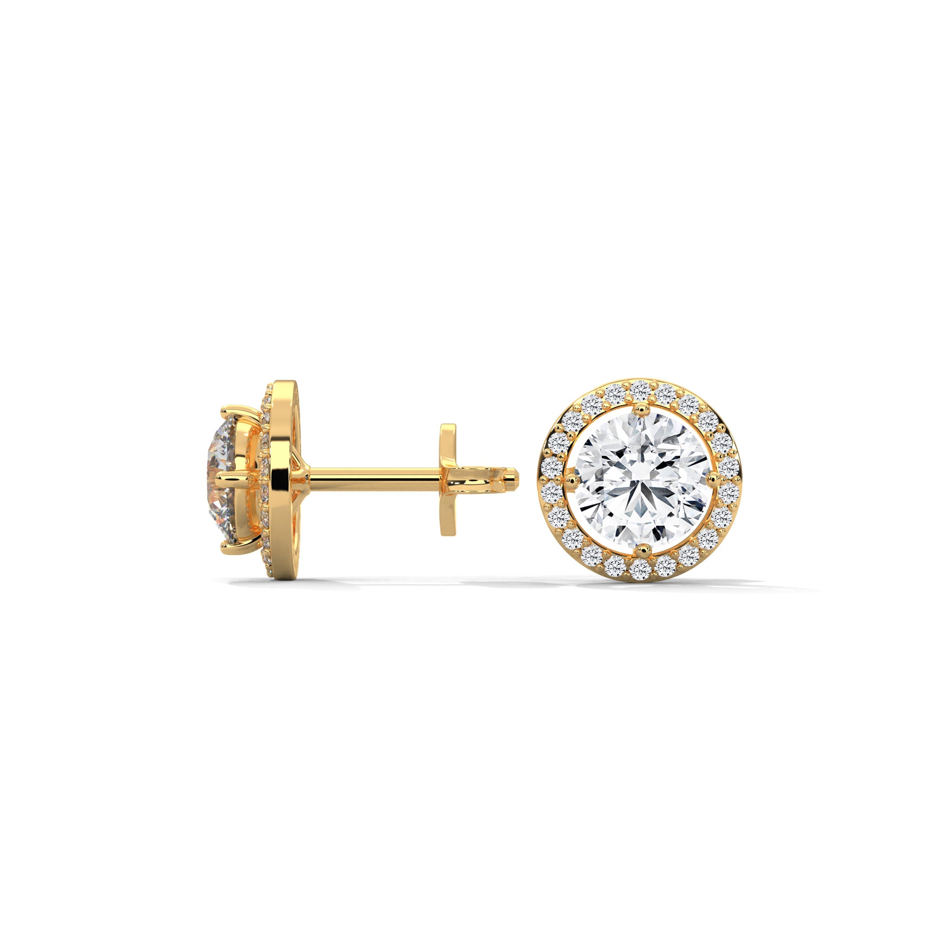 Round Cut Double Halo Diamond Stud Earrings | 14K Gold