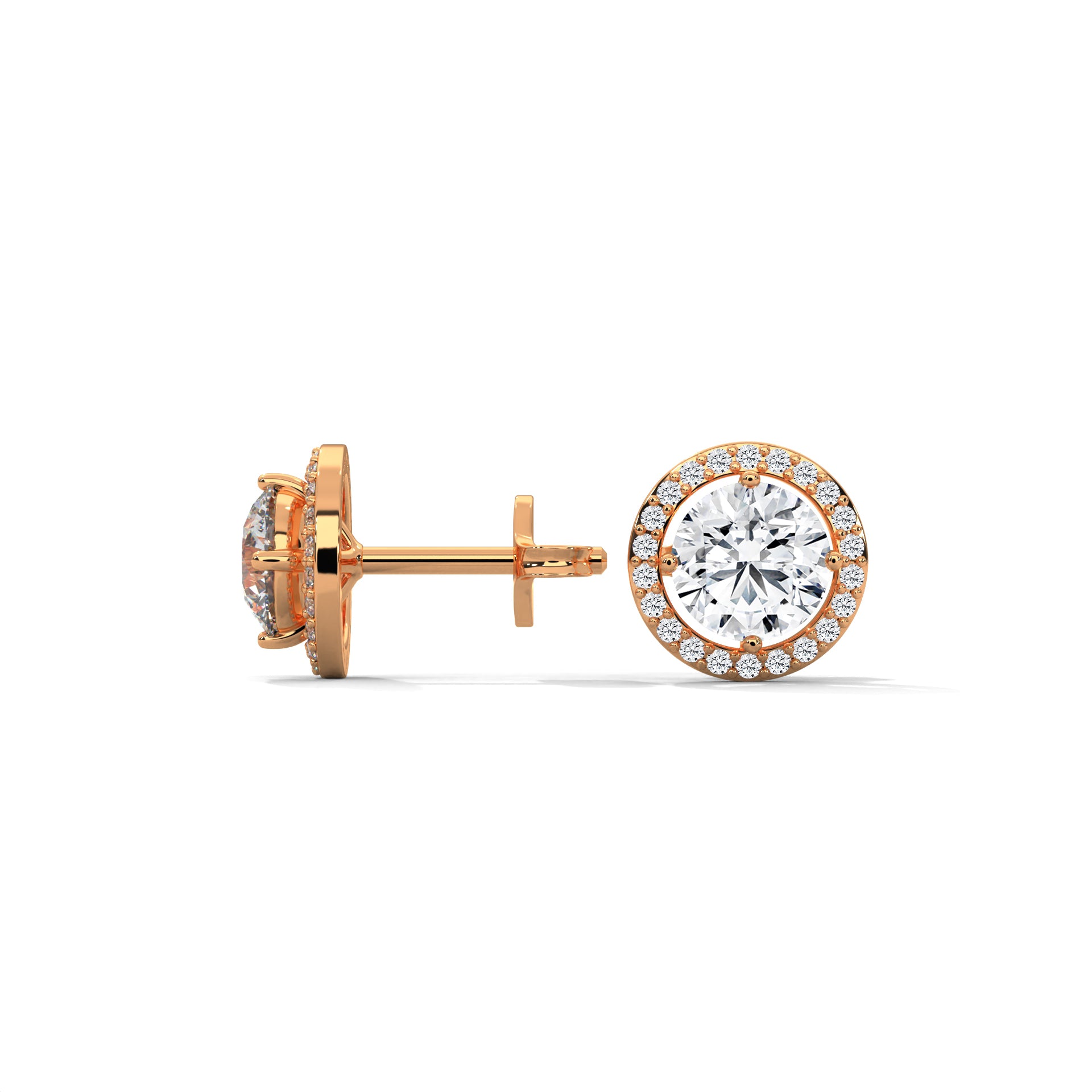 Round Cut Double Halo Diamond Stud Earrings | 14K Gold
