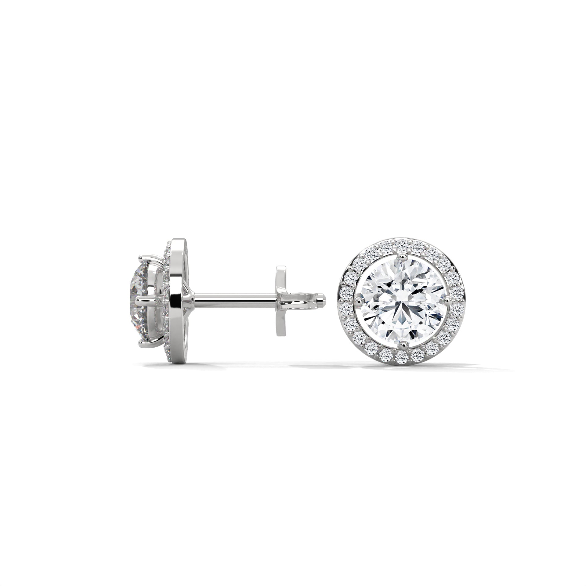 Round Cut Double Halo Diamond Stud Earrings | 14K Gold