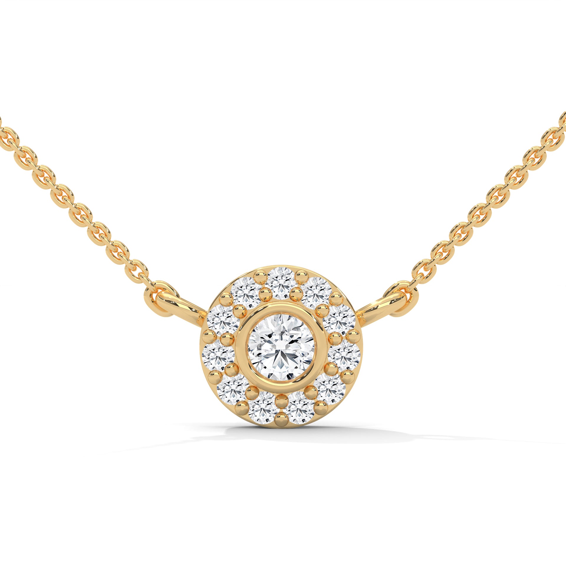 Round-Cut Diamond Bezel Halo Pendant 14K Gold Necklace | 0.26 CTW