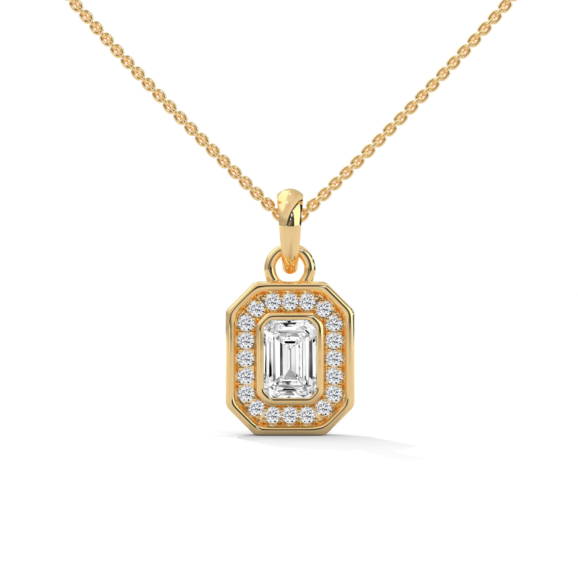 Imperial Elegance: 14K Gold Emerald-Cut Diamond Halo Pendant Necklace | 0.95 CTW