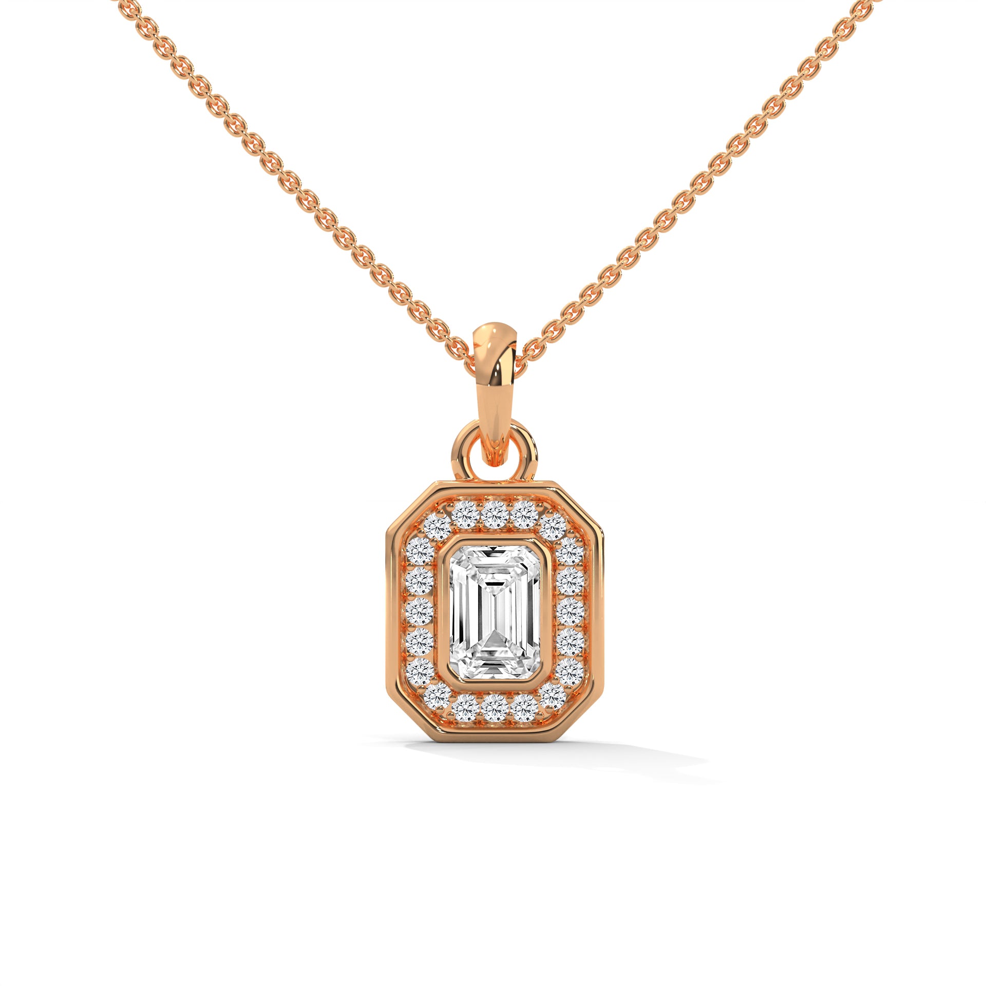 Imperial Elegance: 14K Gold Emerald-Cut Diamond Halo Pendant Necklace | 0.95 CTW