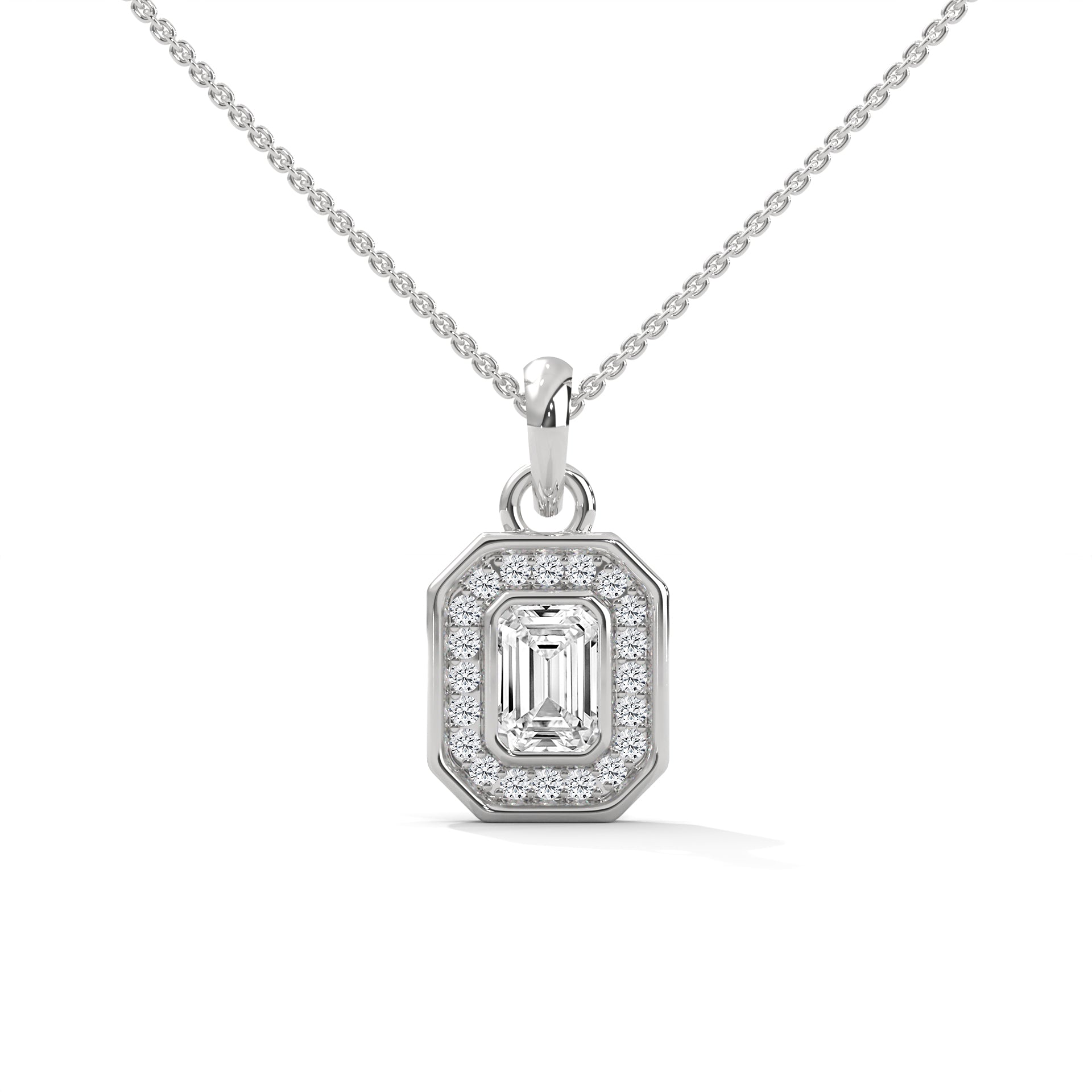 Imperial Elegance: 14K Gold Emerald-Cut Diamond Halo Pendant Necklace | 0.95 CTW
