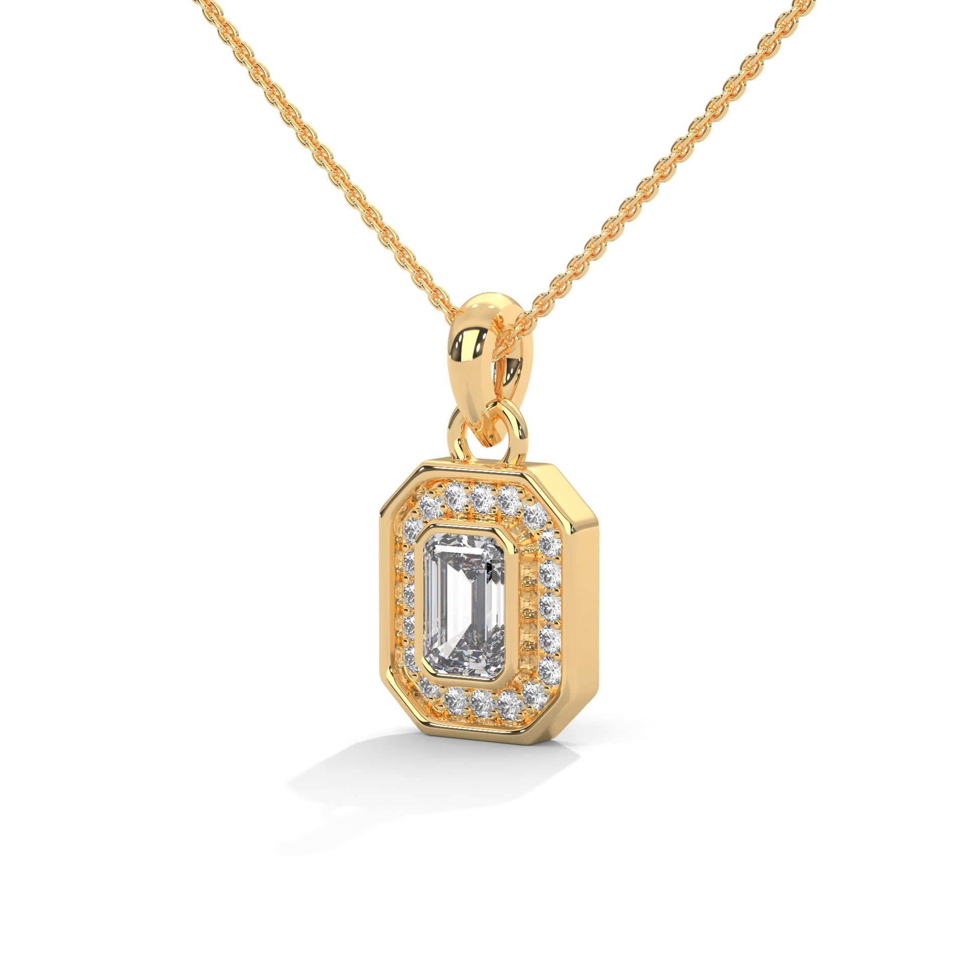 Imperial Elegance: 14K Gold Emerald-Cut Diamond Halo Pendant Necklace | 0.95 CTW