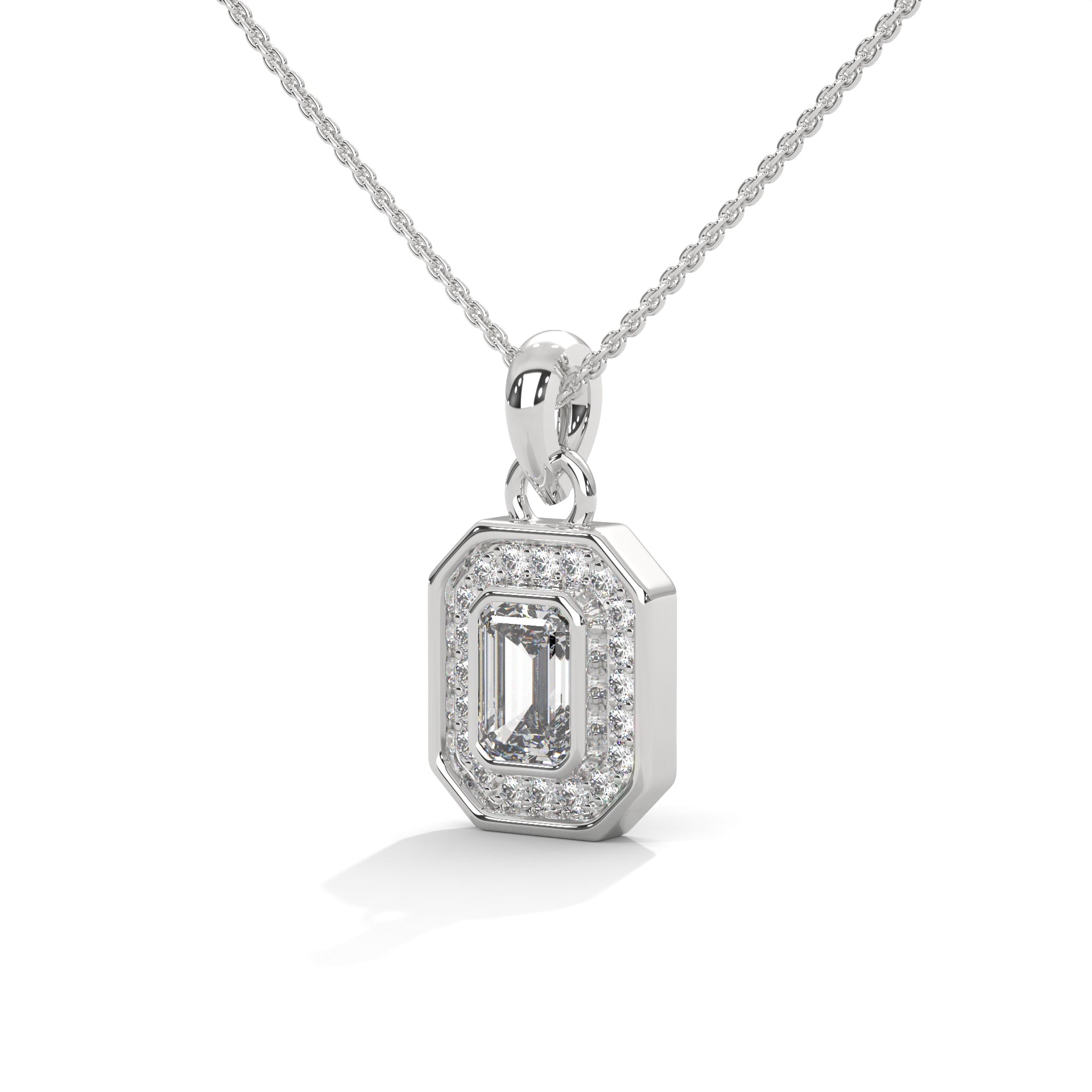 Imperial Elegance: 14K Gold Emerald-Cut Diamond Halo Pendant Necklace | 0.95 CTW