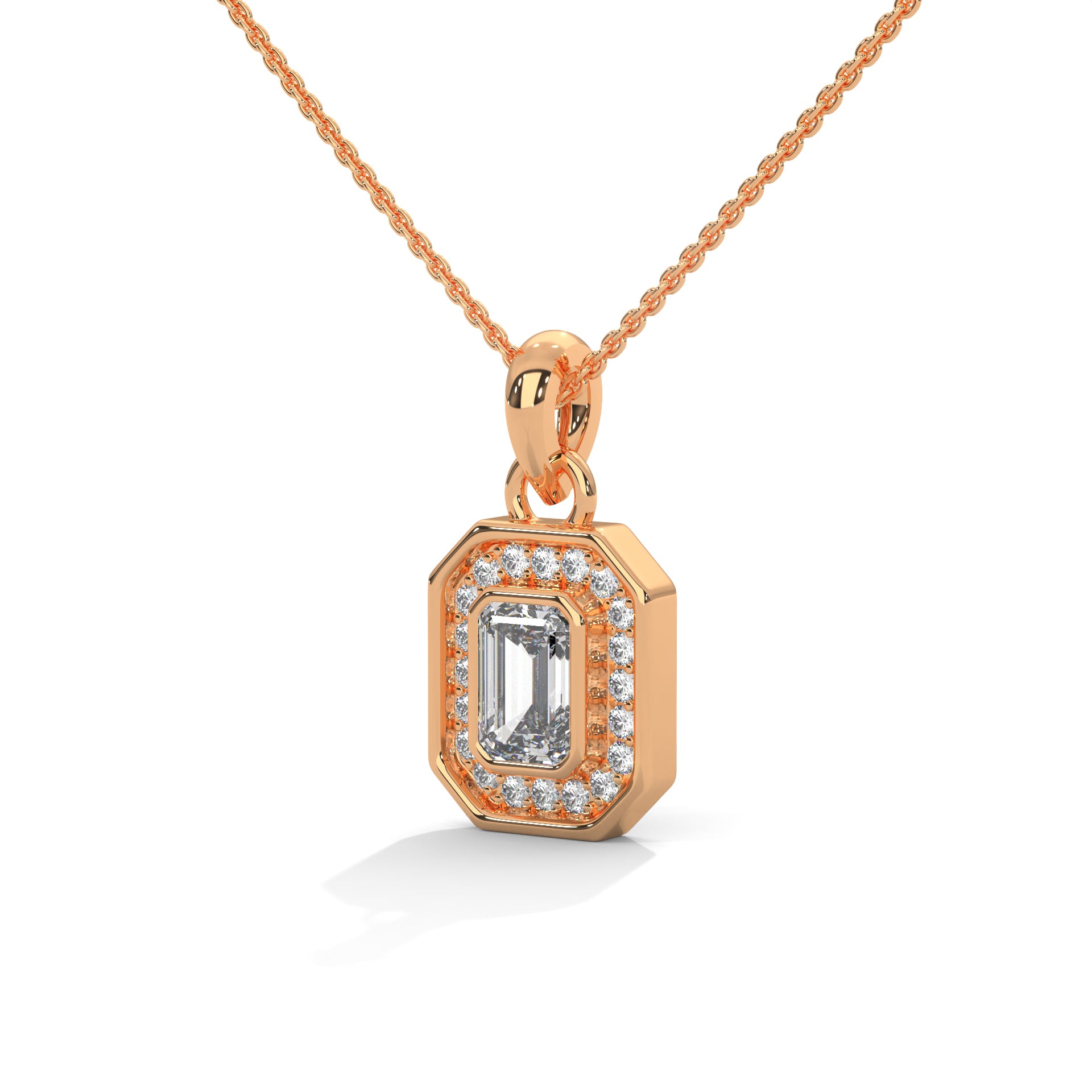 Imperial Elegance: 14K Gold Emerald-Cut Diamond Halo Pendant Necklace | 0.95 CTW