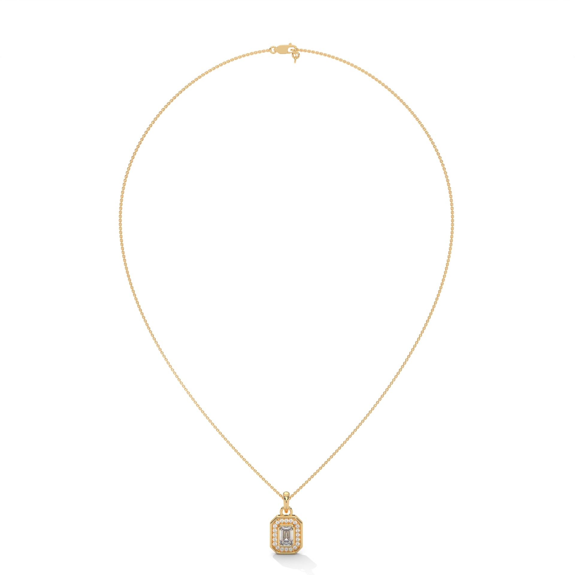 Imperial Elegance: 14K Gold Emerald-Cut Diamond Halo Pendant Necklace | 0.95 CTW
