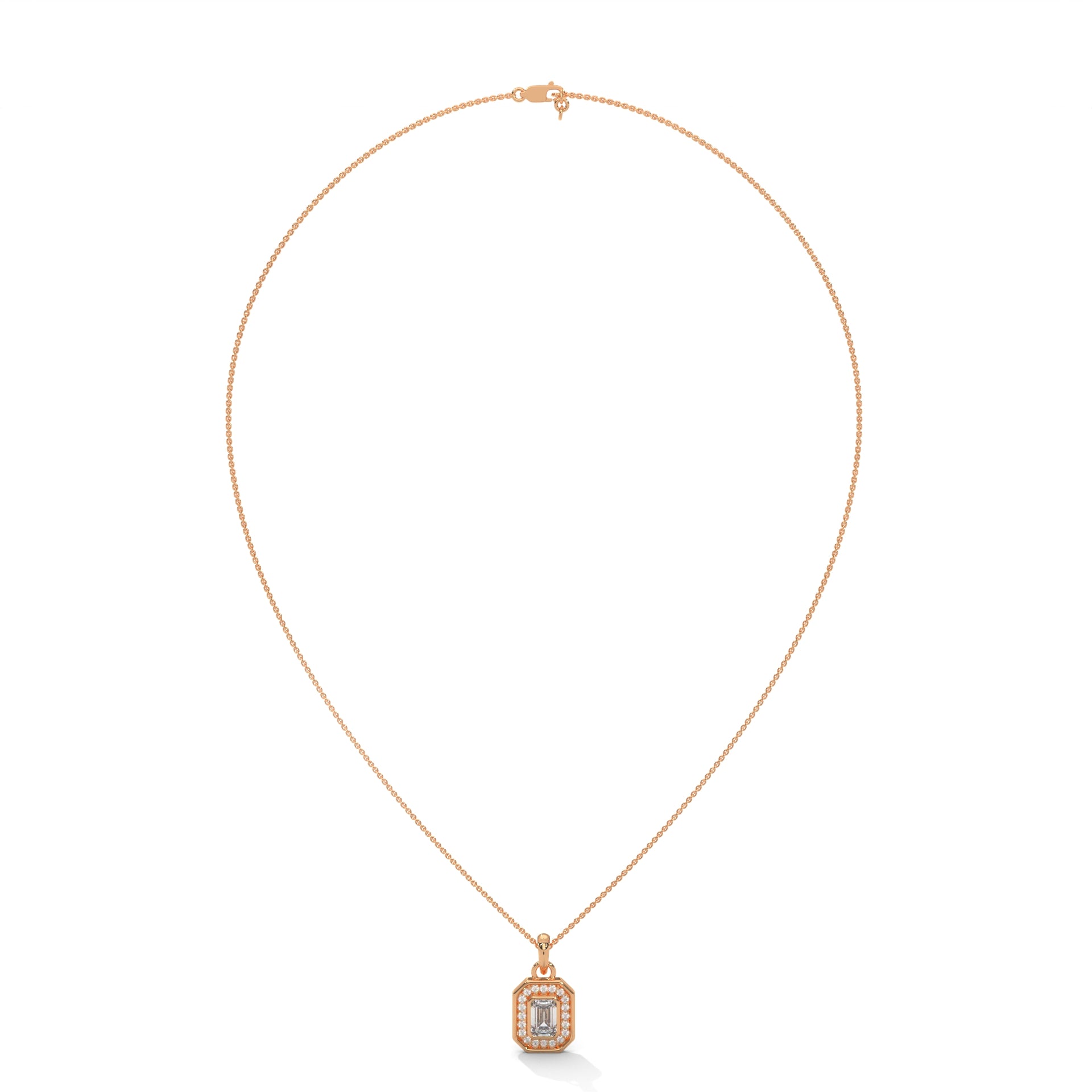 Imperial Elegance: 14K Gold Emerald-Cut Diamond Halo Pendant Necklace | 0.95 CTW