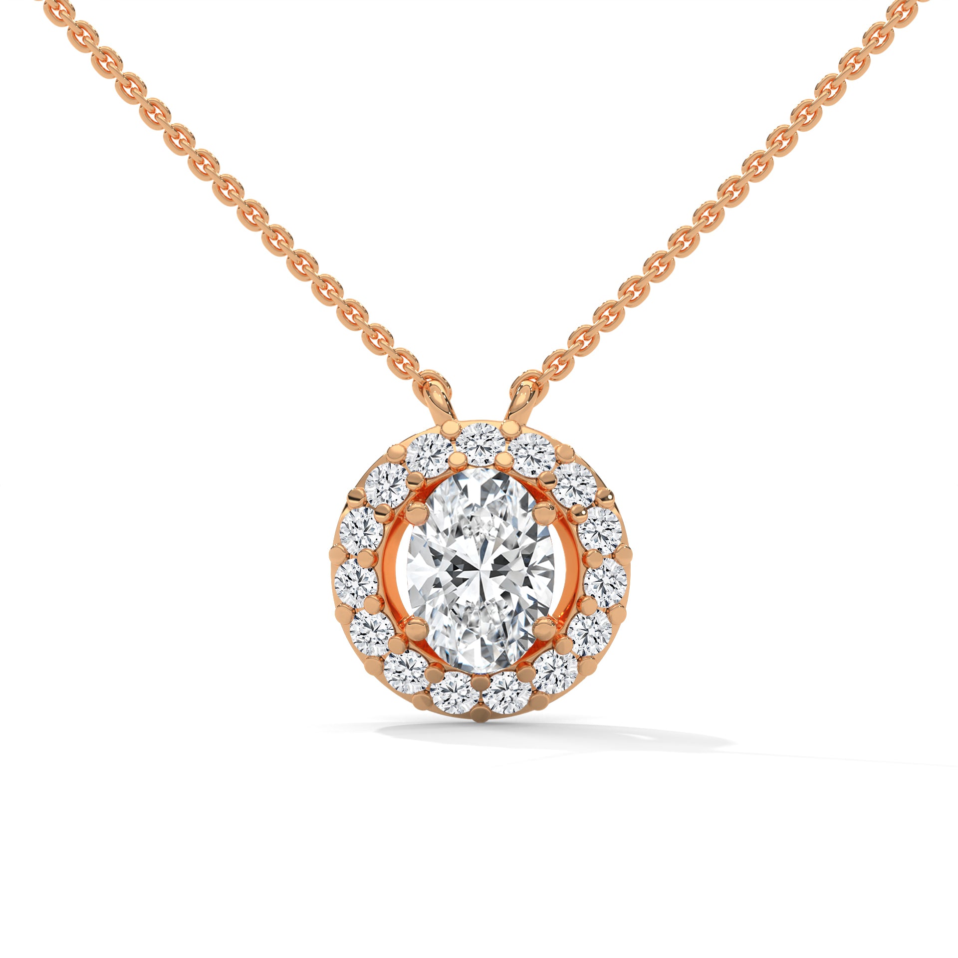 Eternal Glow: 14K Gold 0.75CT Oval-Cut Diamond Halo Pendant Necklace