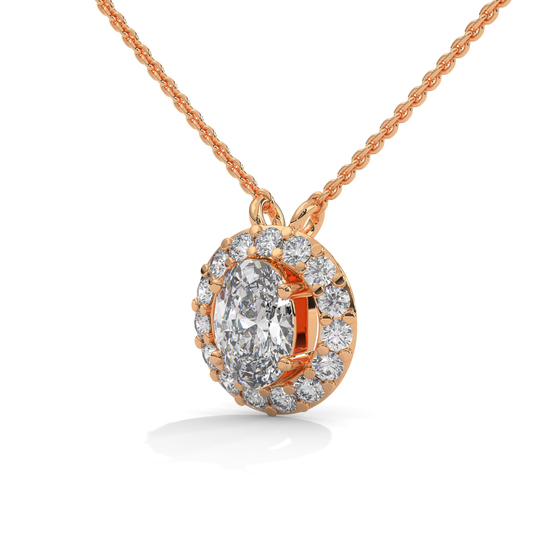 Eternal Glow: 14K Gold 0.75CT Oval-Cut Diamond Halo Pendant Necklace