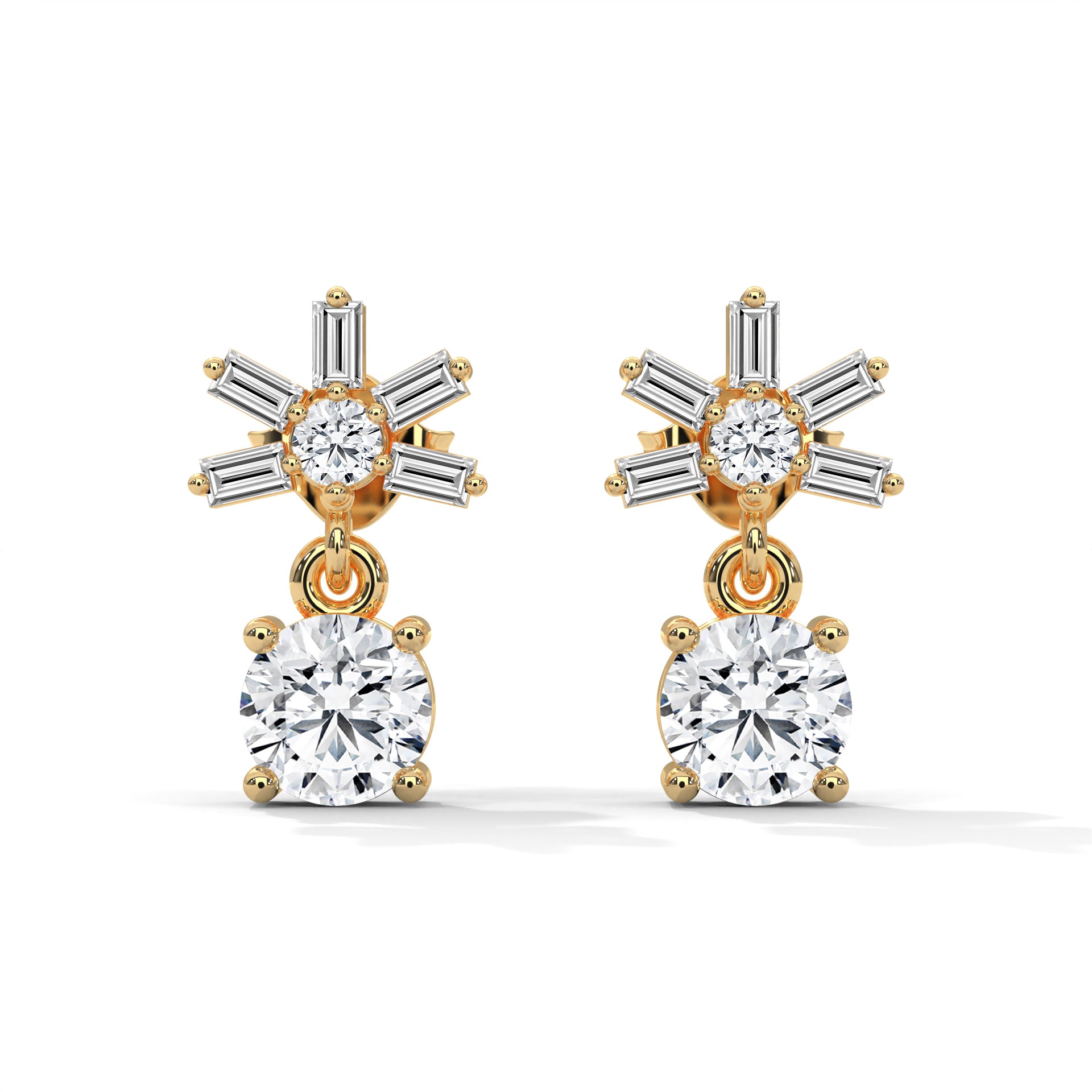 Elegant Starburst Round and Baguette Drop Earrings | 0.86 CTW