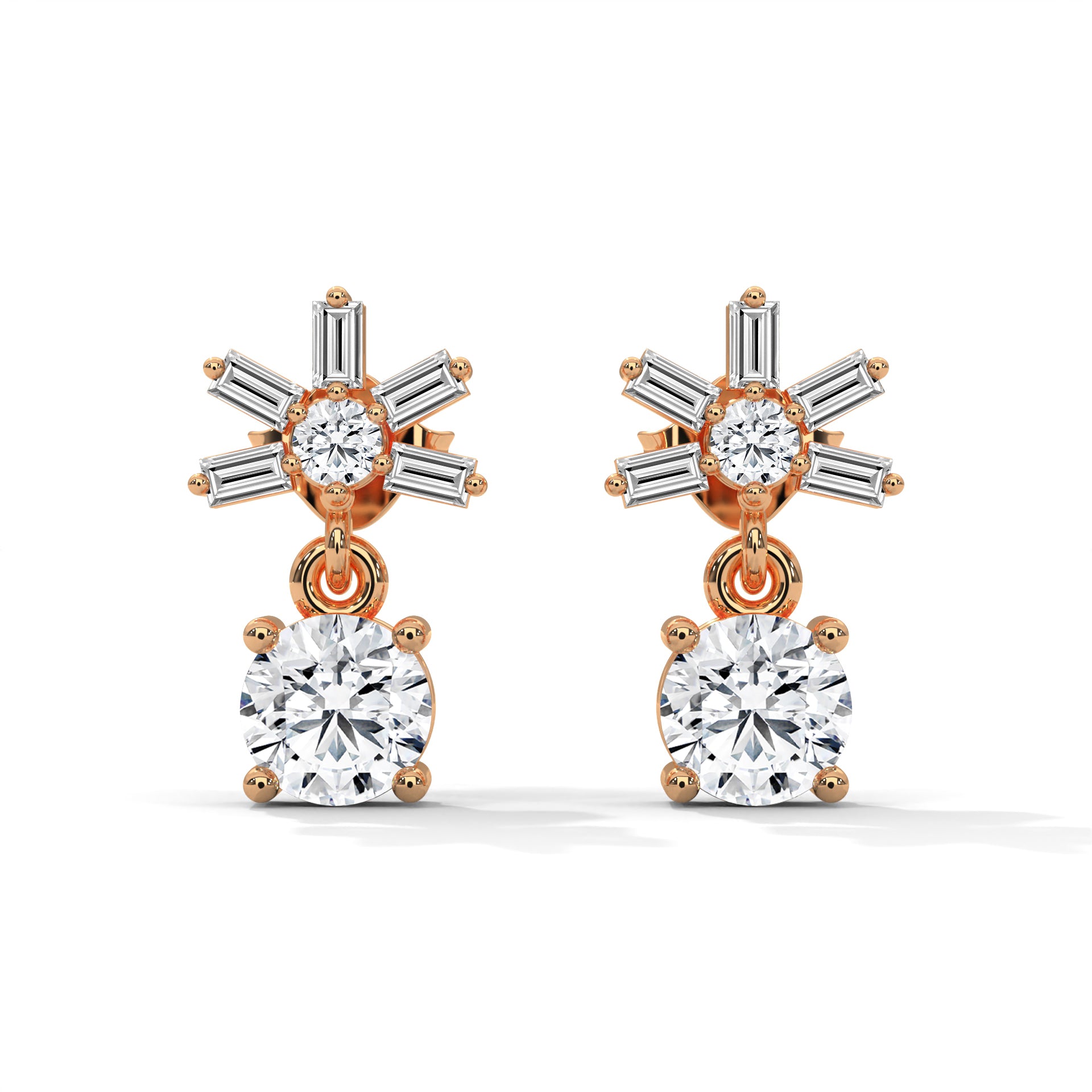 Elegant Starburst Round and Baguette Drop Earrings | 0.86 CTW