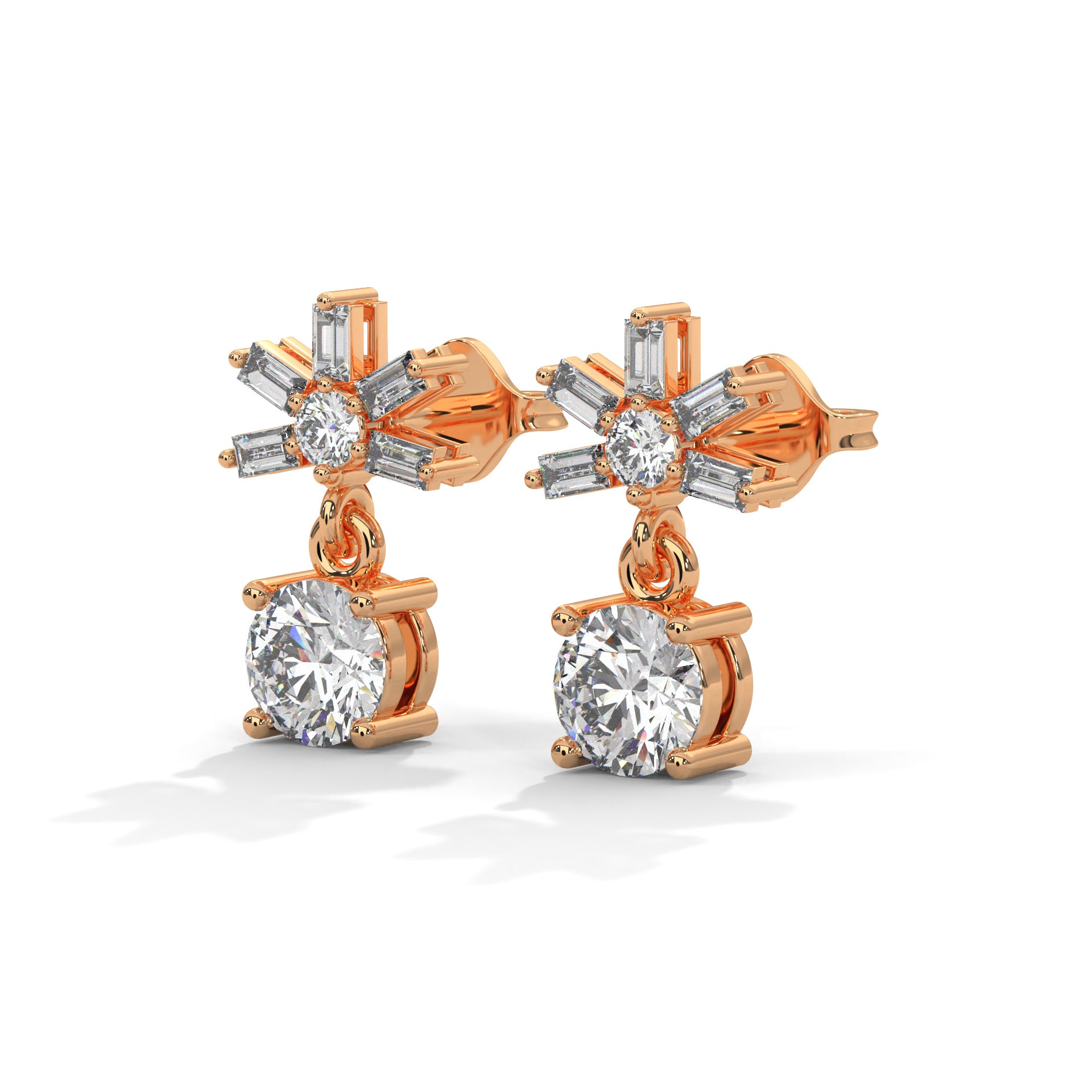 Elegant Starburst Round and Baguette Drop Earrings | 0.86 CTW