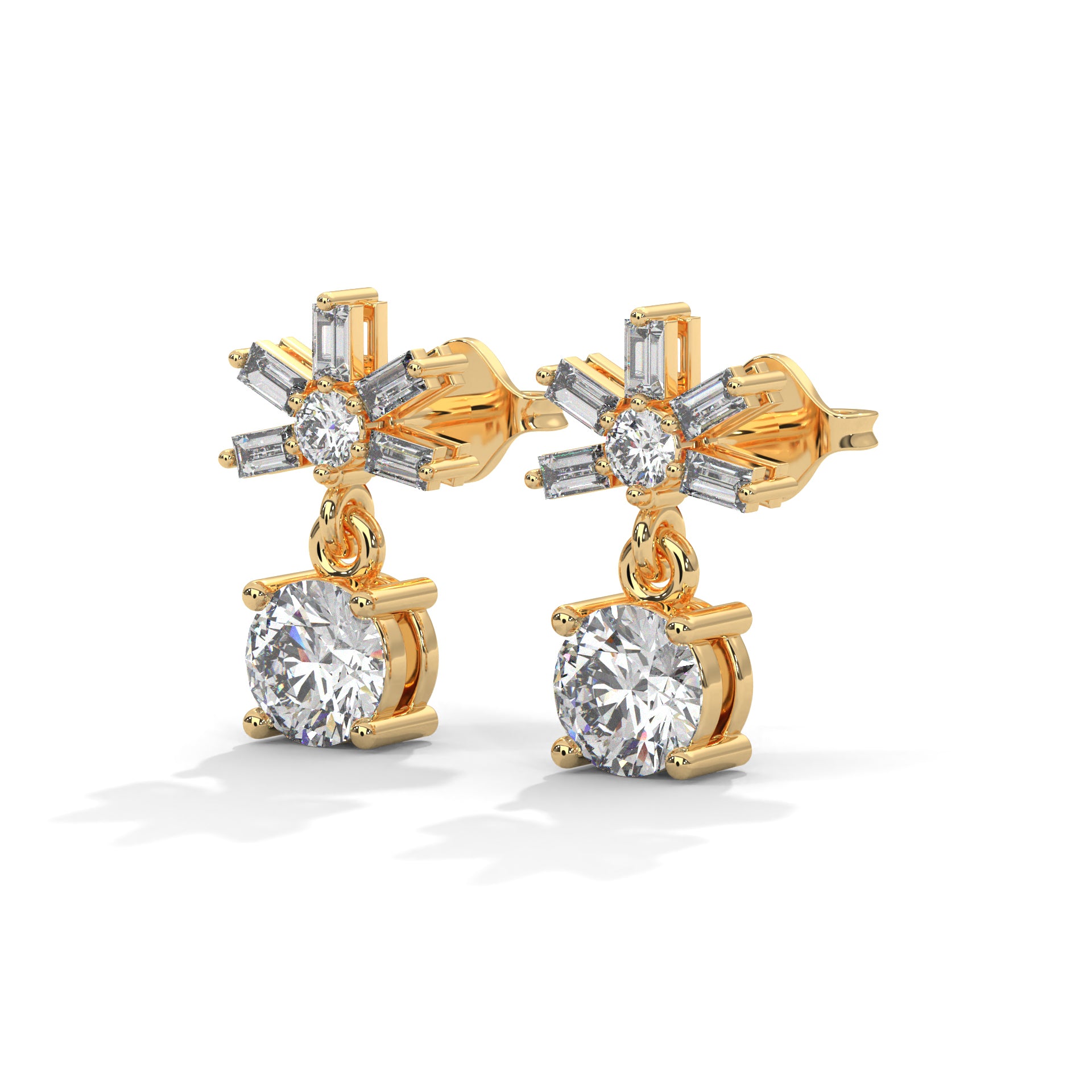 Elegant Starburst Round and Baguette Drop Earrings | 0.86 CTW