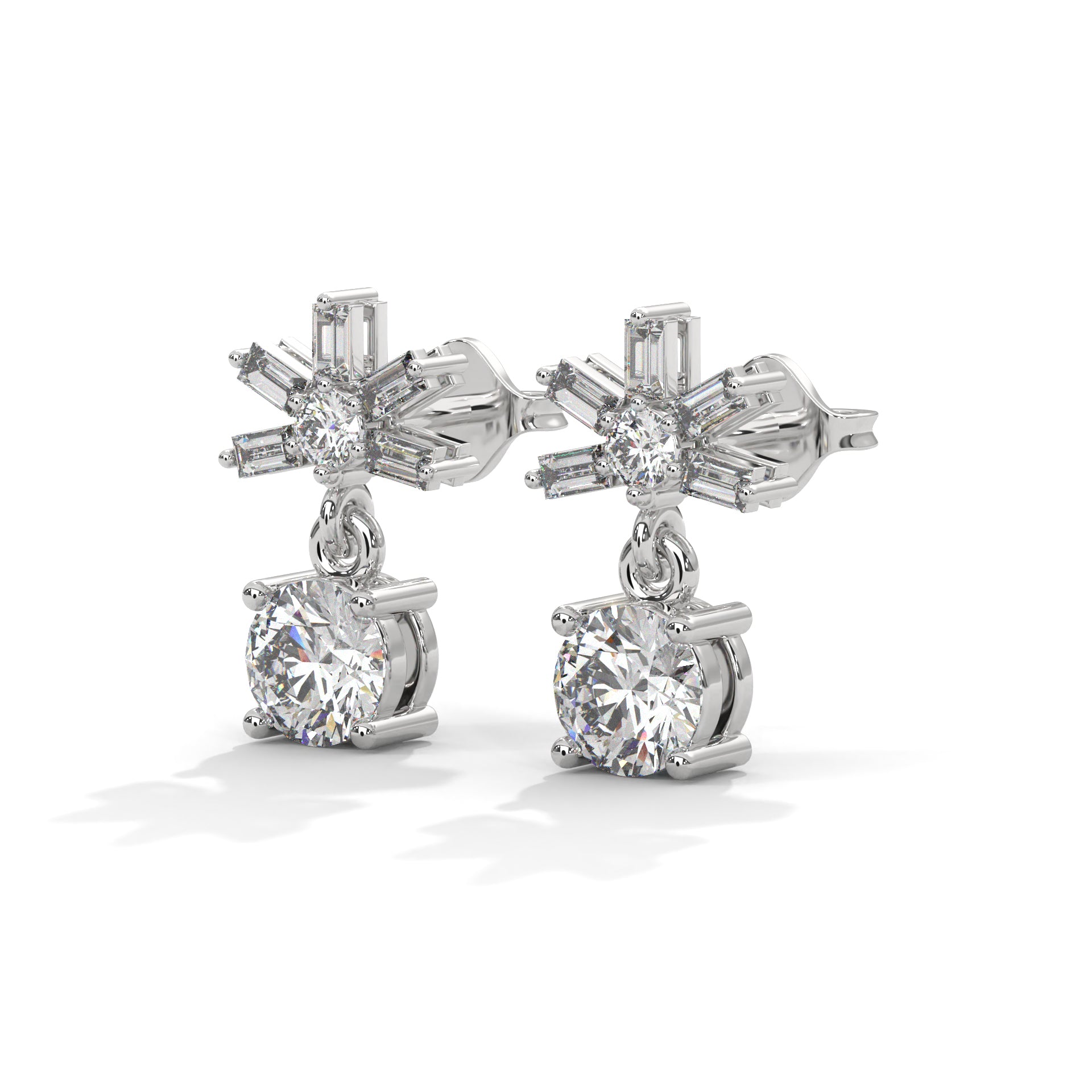 Elegant Starburst Round and Baguette Drop Earrings | 0.86 CTW