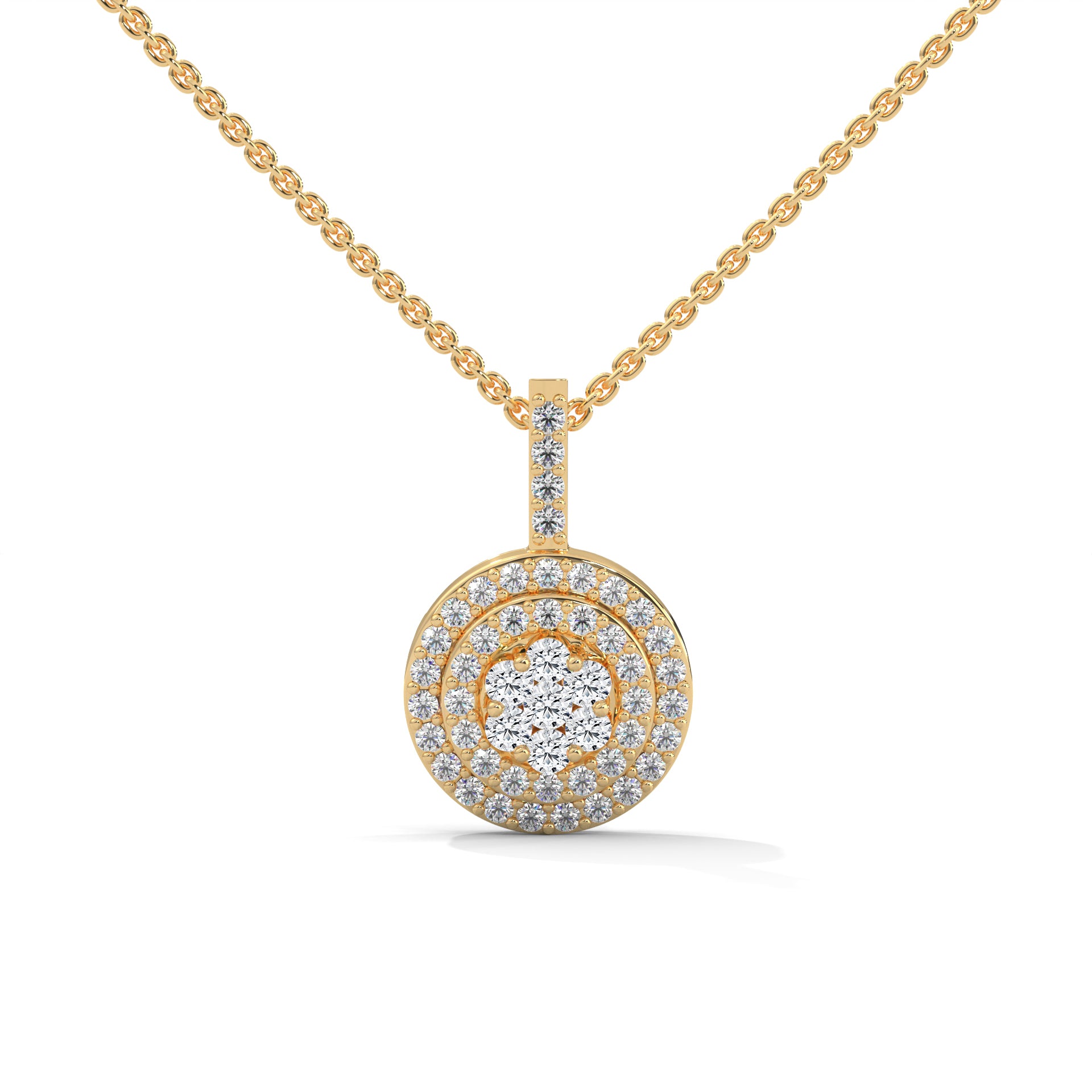 Gold Triple Halo Round Diamond Pendant Necklace | 0.32CTW