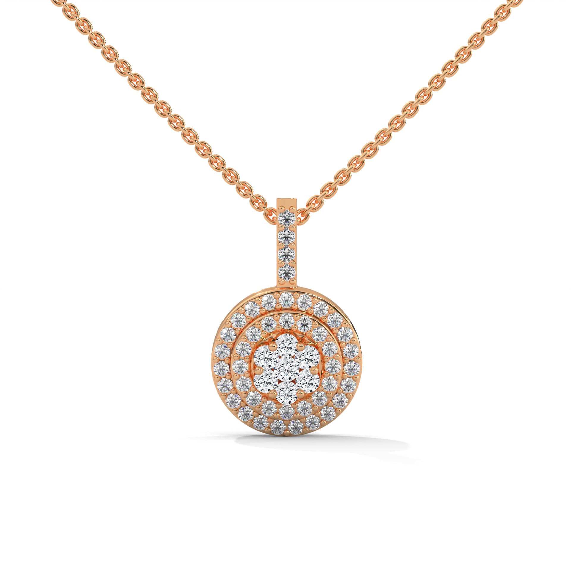 Gold Triple Halo Round Diamond Pendant Necklace | 0.32CTW