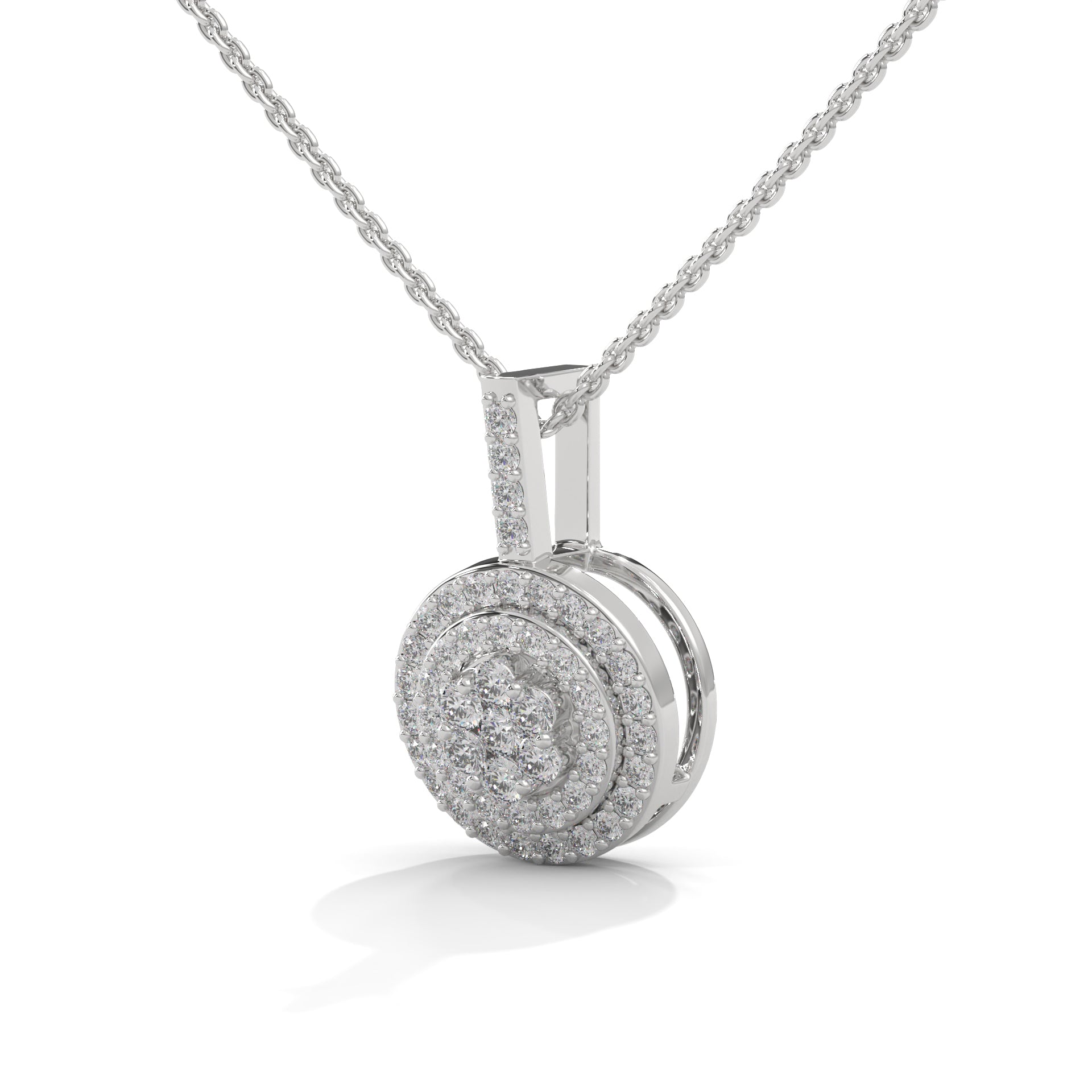 Gold Triple Halo Round Diamond Pendant Necklace | 0.32CTW